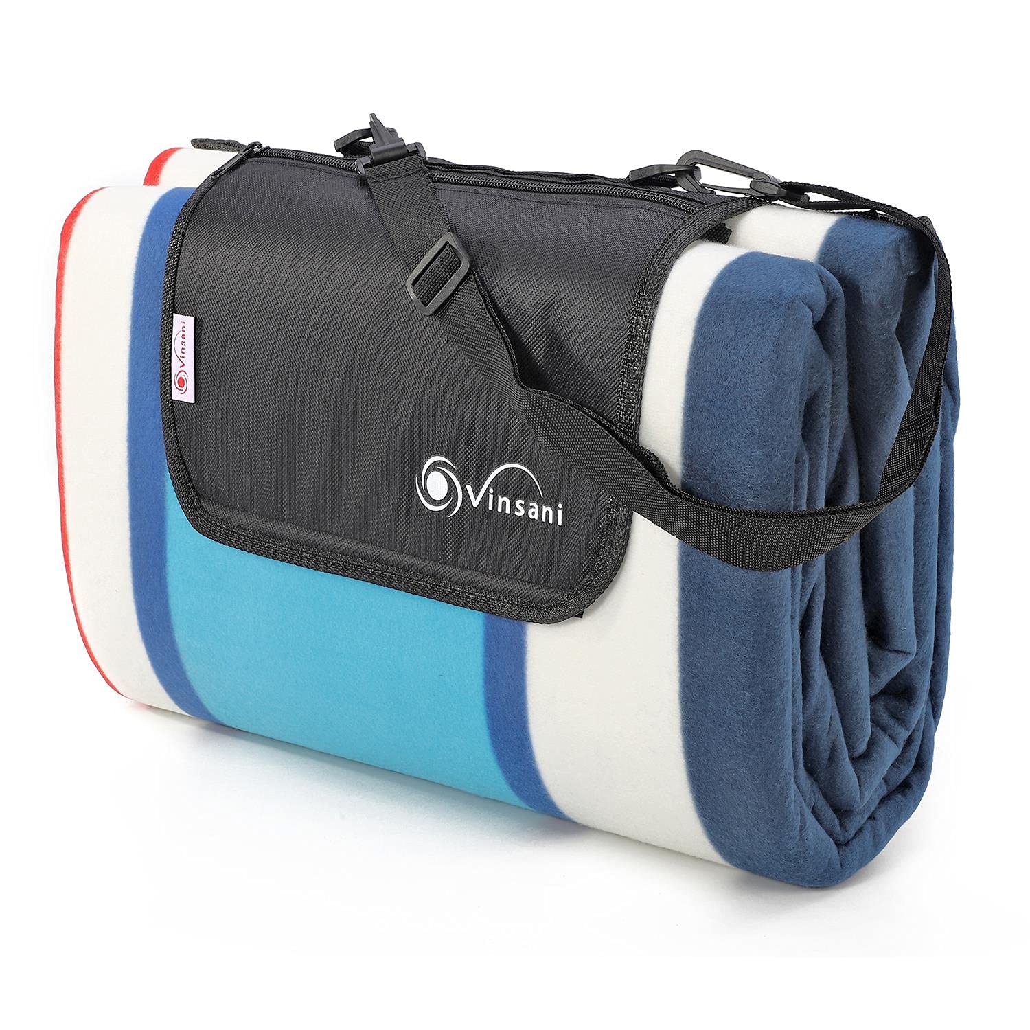 Vinsani Foldable Picnic Blanket 260 x 220 cm - Anti-Slip, Durable Waterproof & Sand Proof Outdoor Rug Mat for Camping, Beach, Hiking, Park & Garden, Easy to Carry, Machine Washable | Aqua Stripe