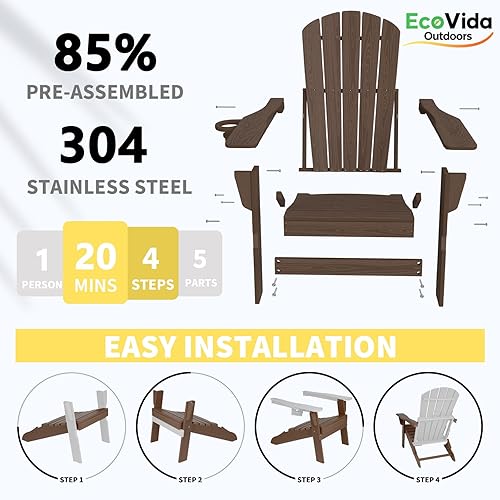 Miniatura 5 de EcoVida, silla plegable mejorada con portavasos para todo tipo de clima, textura de grano de madera premium, resistente al agua de HDPE, adecuada