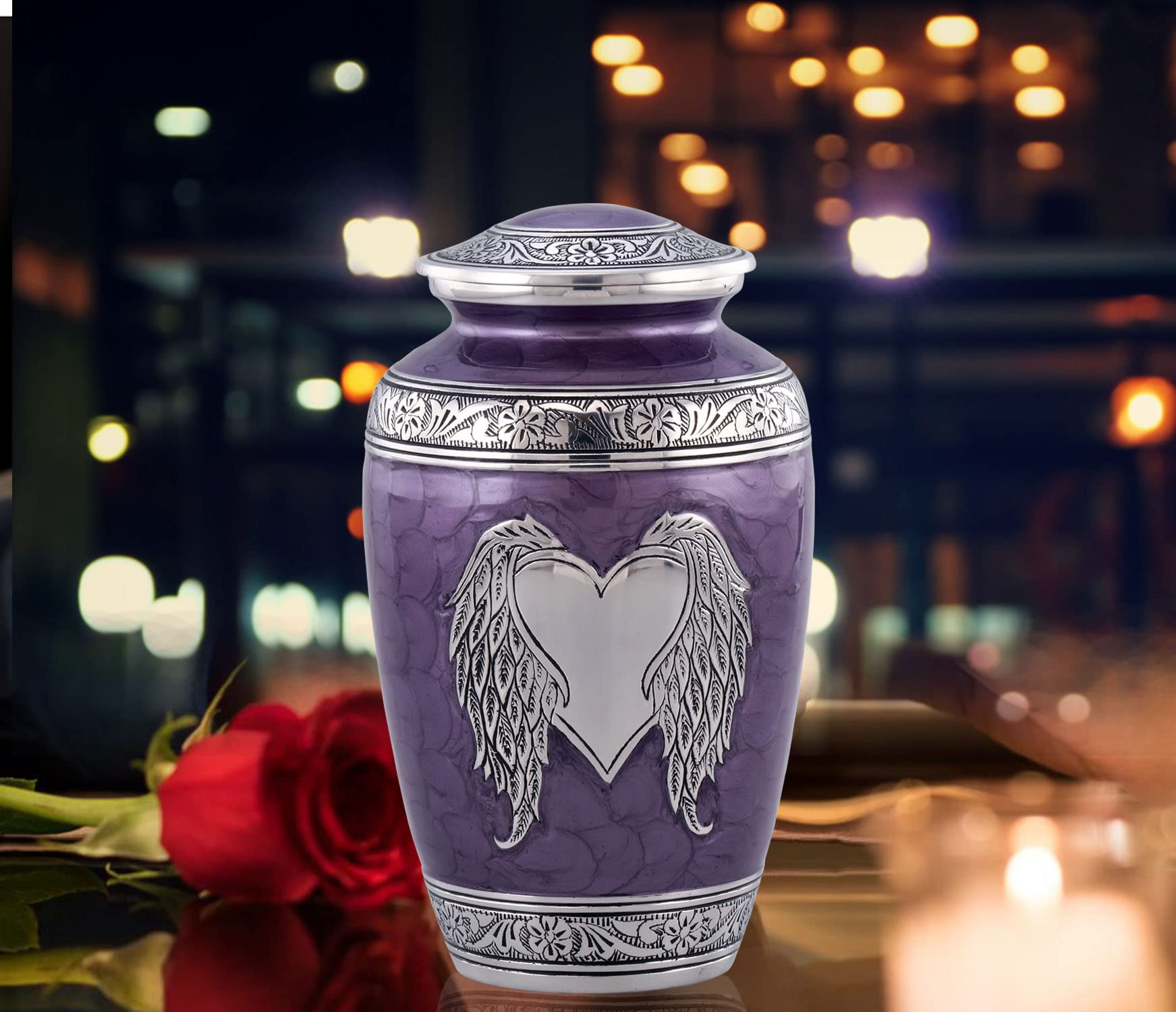 Angel Wings Cremation Urn for Ashes, Adult Size Purple Urn with Silver Heart & Wings - Image 4