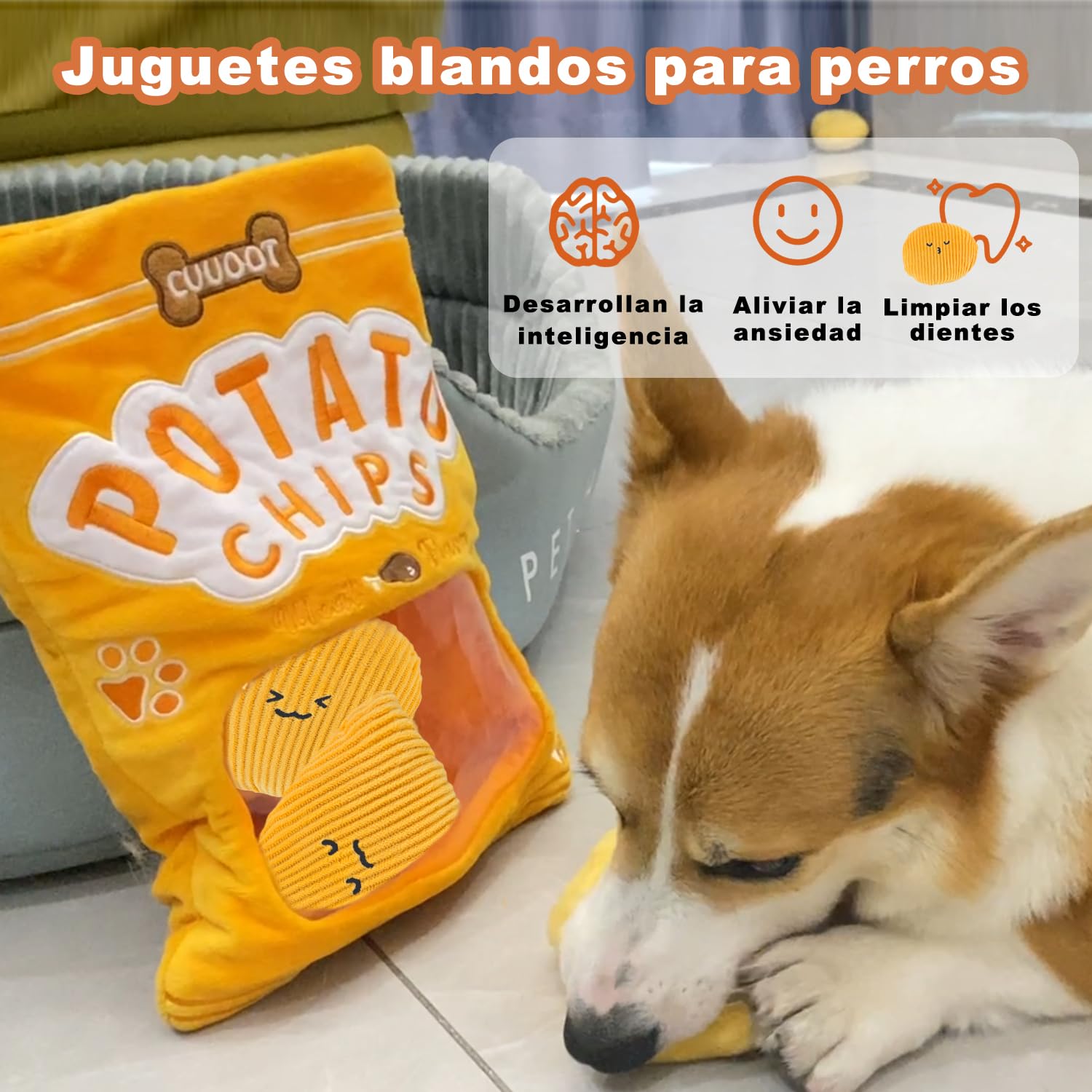 Juguetes para Perros Snuffle Toys Crinkly Squeaky Juguetes interactivos de Peluche para Perros pequeños medianos y Grandes - Juguetes de ovnis y Extraterrestres (Potato-chips-01)