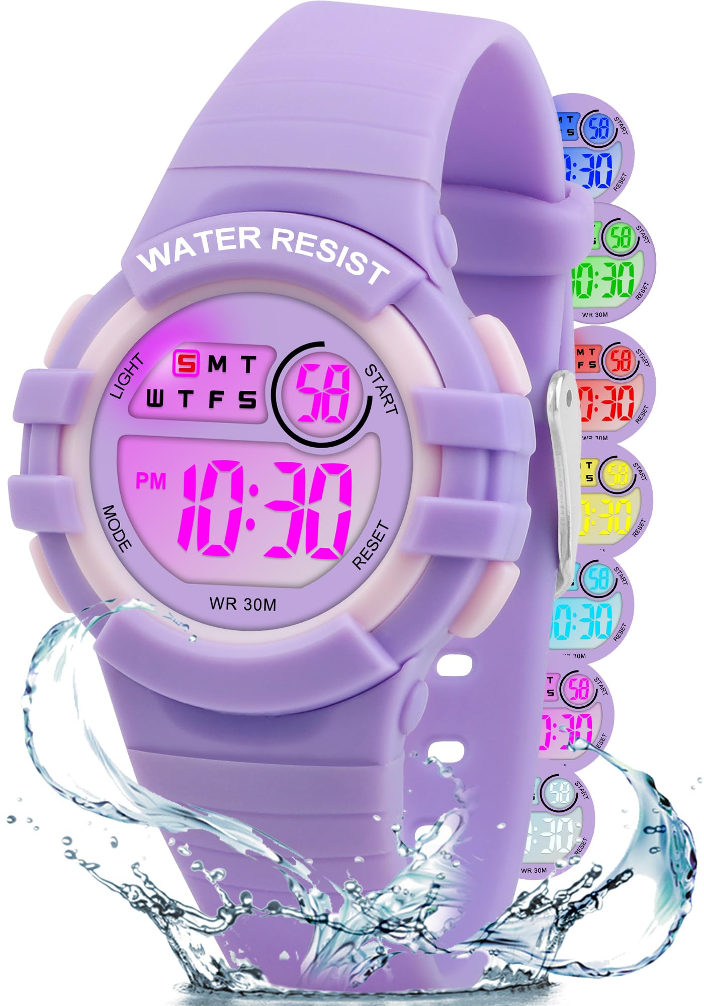 Edillas Kids Digital Watch 7-Color LED Light Waterproof Wristwatch Ideal for Children