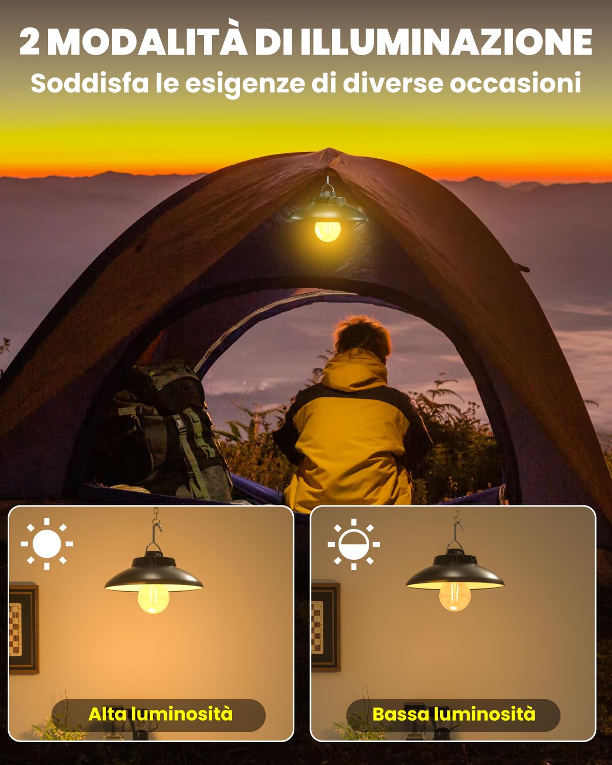 Lampada da campeggio ricaricabile, lampada da campeggio a LED con batteria da 2600 mAh, IPX4, impermeabile, luce da campeggio, 2 modalità di luce, lampada da appendere per campeggio