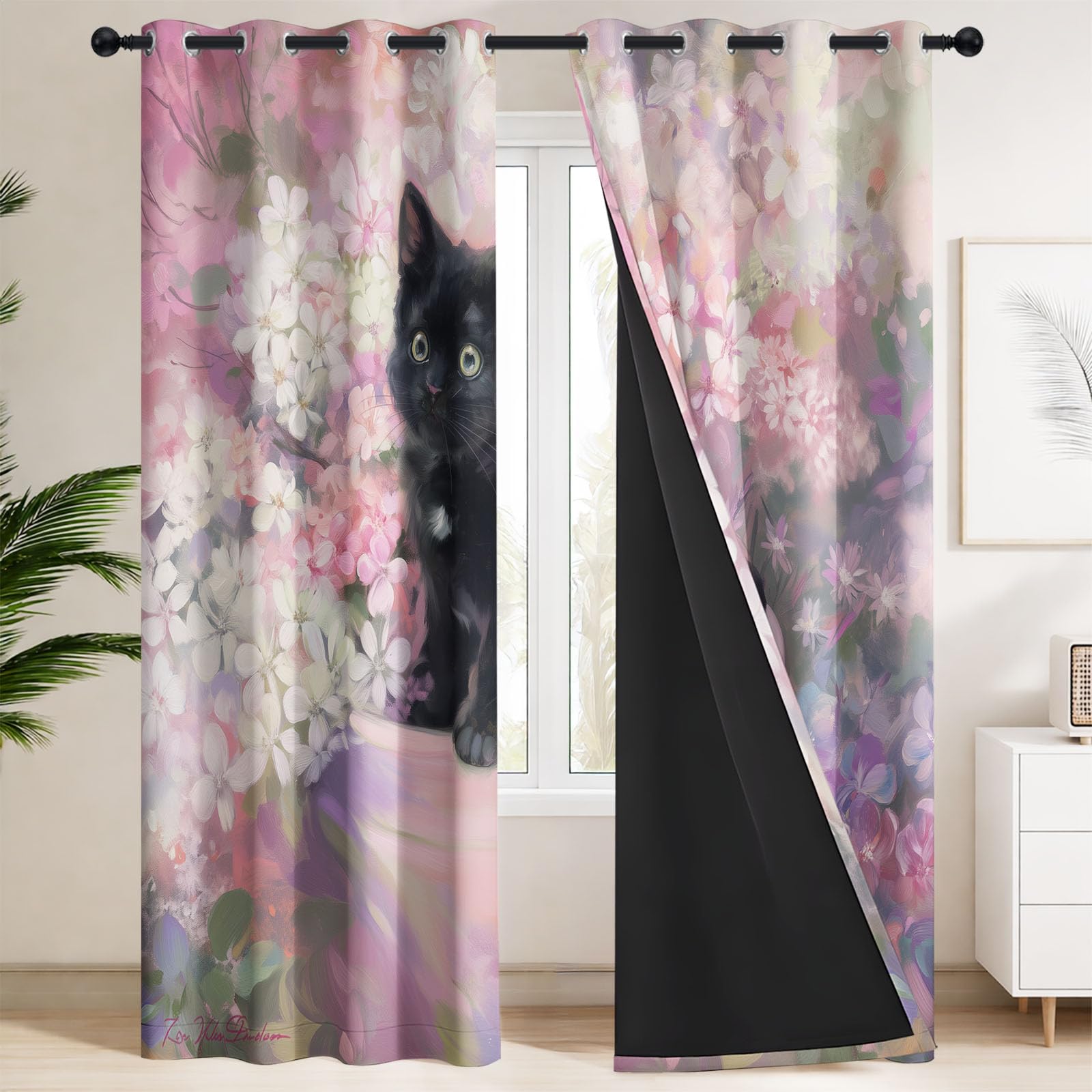Generisch Cortinas térmicas para sala de estar, cortinas opacas japonesas lindas con ojales, diseño de gato y flores, cortinas opacas con aislamiento térmico para dormitorio, 215 x 140 cm (alto x