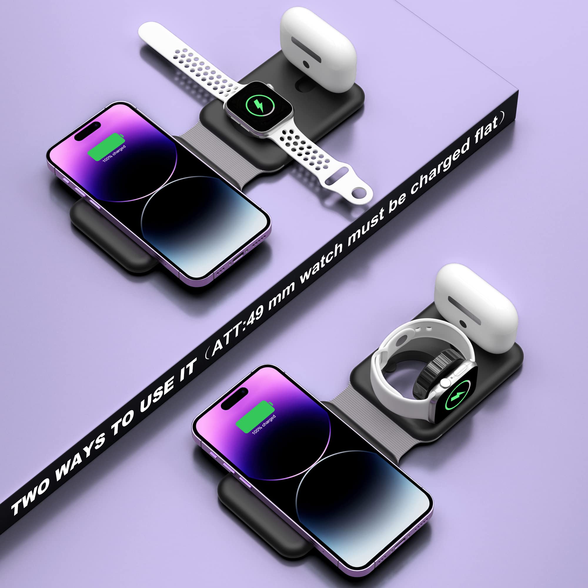 Cargador inalámbrico 3 en 1, estación de carga magnética plegable, almohadilla de carga inalámbrica de viaje rápido para múltiples dispositivos Apple, compatible con iPhone 14/13/12/Pro/Max, iWatch