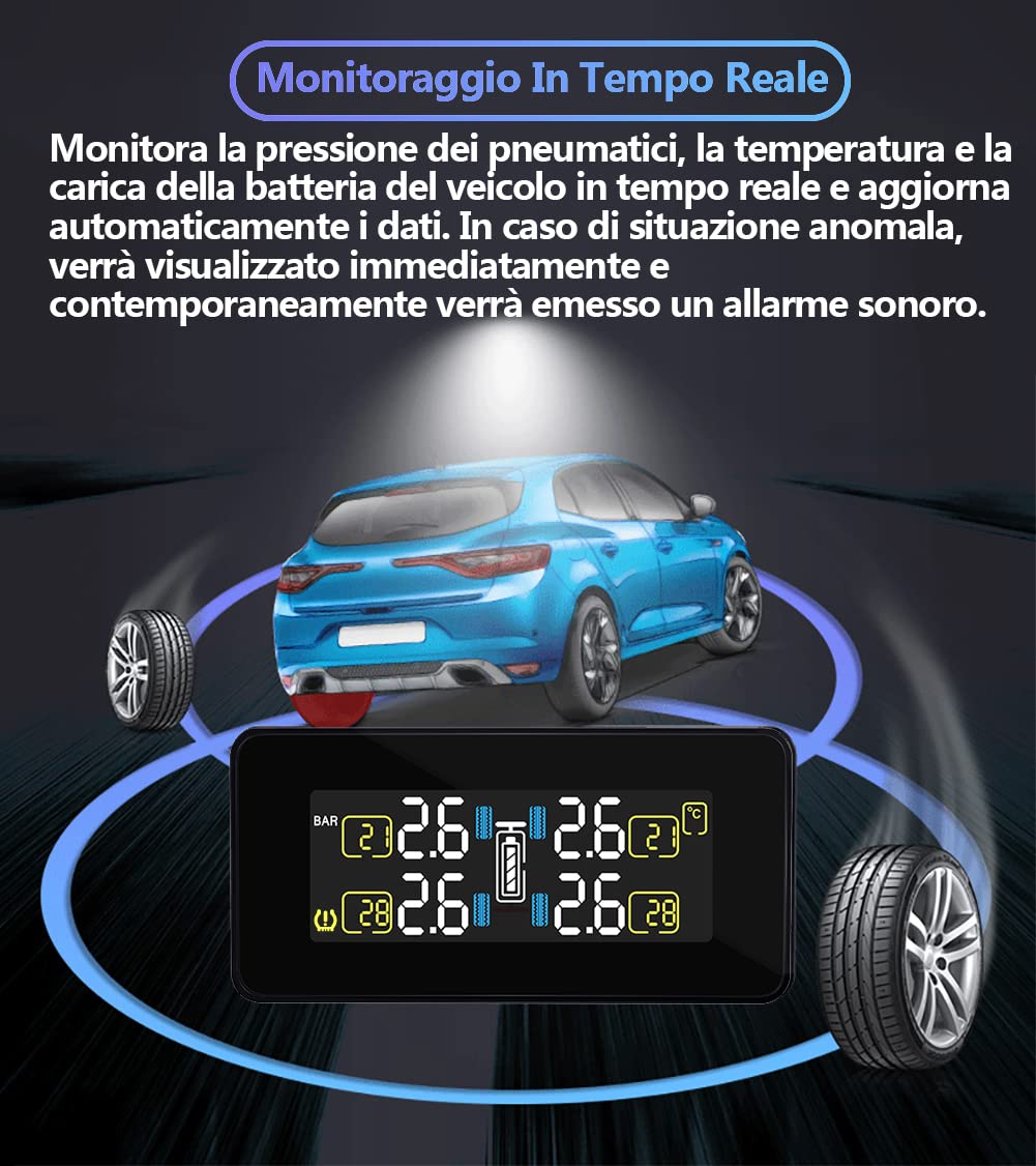 VEVOR TPMS Avec 4 Capteurs, Système De Surveillance De La Pression Des Pneus 0,5-6 Bars, Système D'Alarme De Voiture Sans Fil Universel, Affichage En Temps Réel, 5 Modes D'Alarme, Avec Charge Solaire