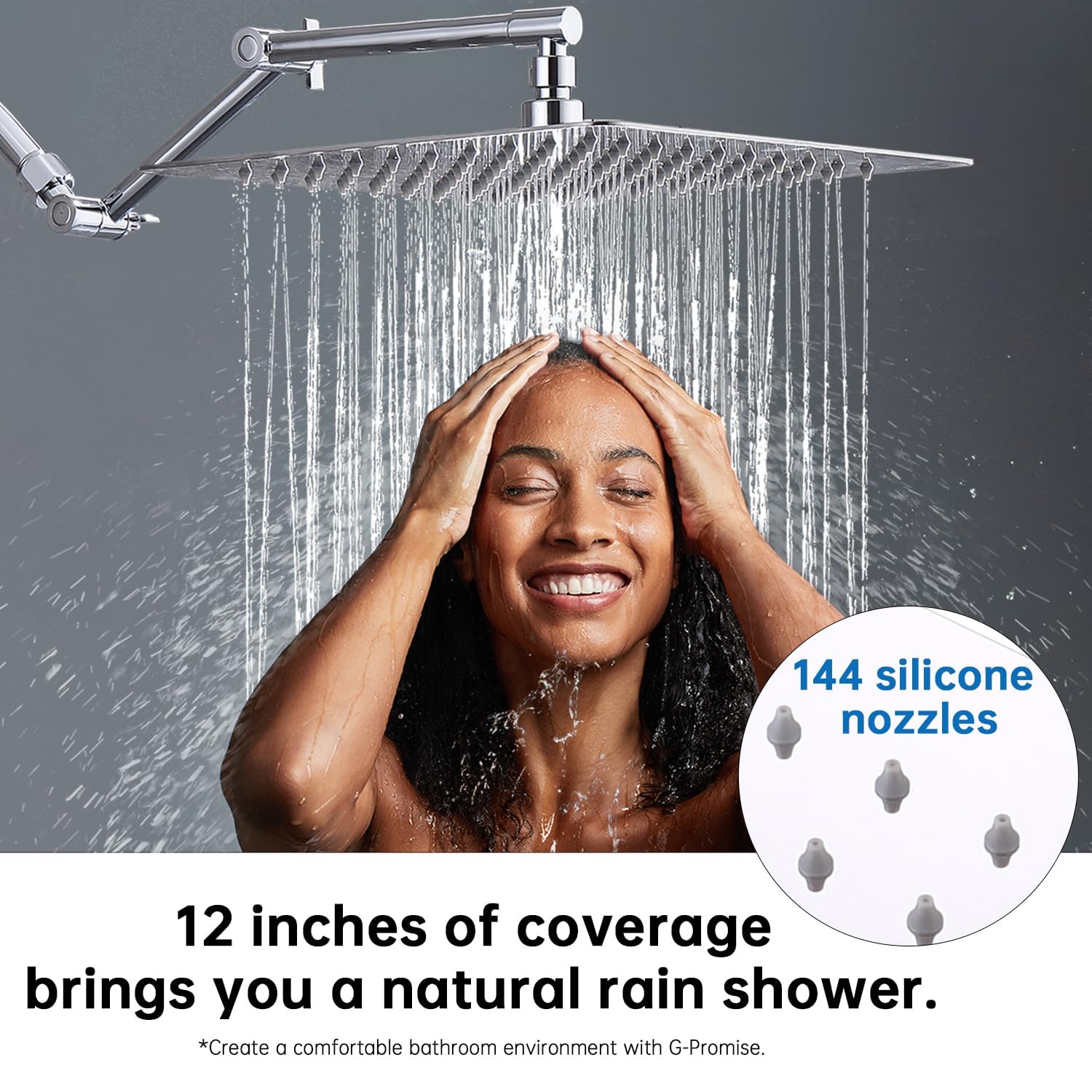 G-Promise Alcachofa de ducha de lluvia de metal de 12 pulgadas con brazo de extensión ajustable de 15 pulgadas, cabezal de ducha de lluvia de alta presión, aspecto moderno de lujo, cuadrado, cascada