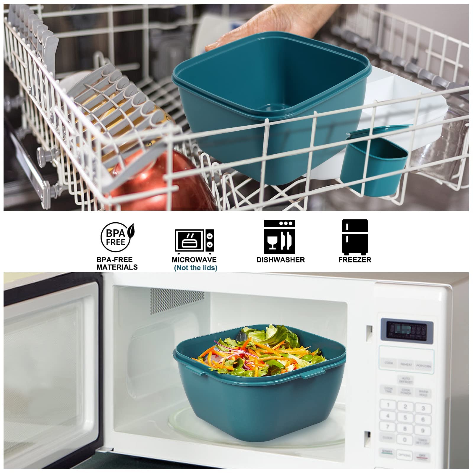 Greentainer Contenitore per insalata da 150 ml, senza BPA, 3 scomparti per condimenti e snack, cucchiaio riutilizzabile integrato, adatto al microonde (blu scuro)