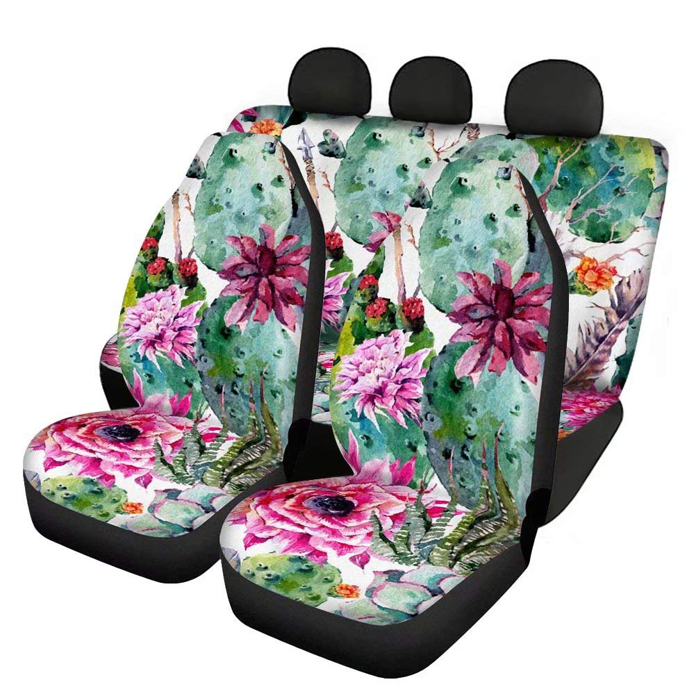 chaqlin Lot complet de 4 housses de siège de voiture avec motif floral et cactus - Pour sièges avant et séparés - Accessoires de décoration d'intérieur pour voitures, camions, berlines, SUV