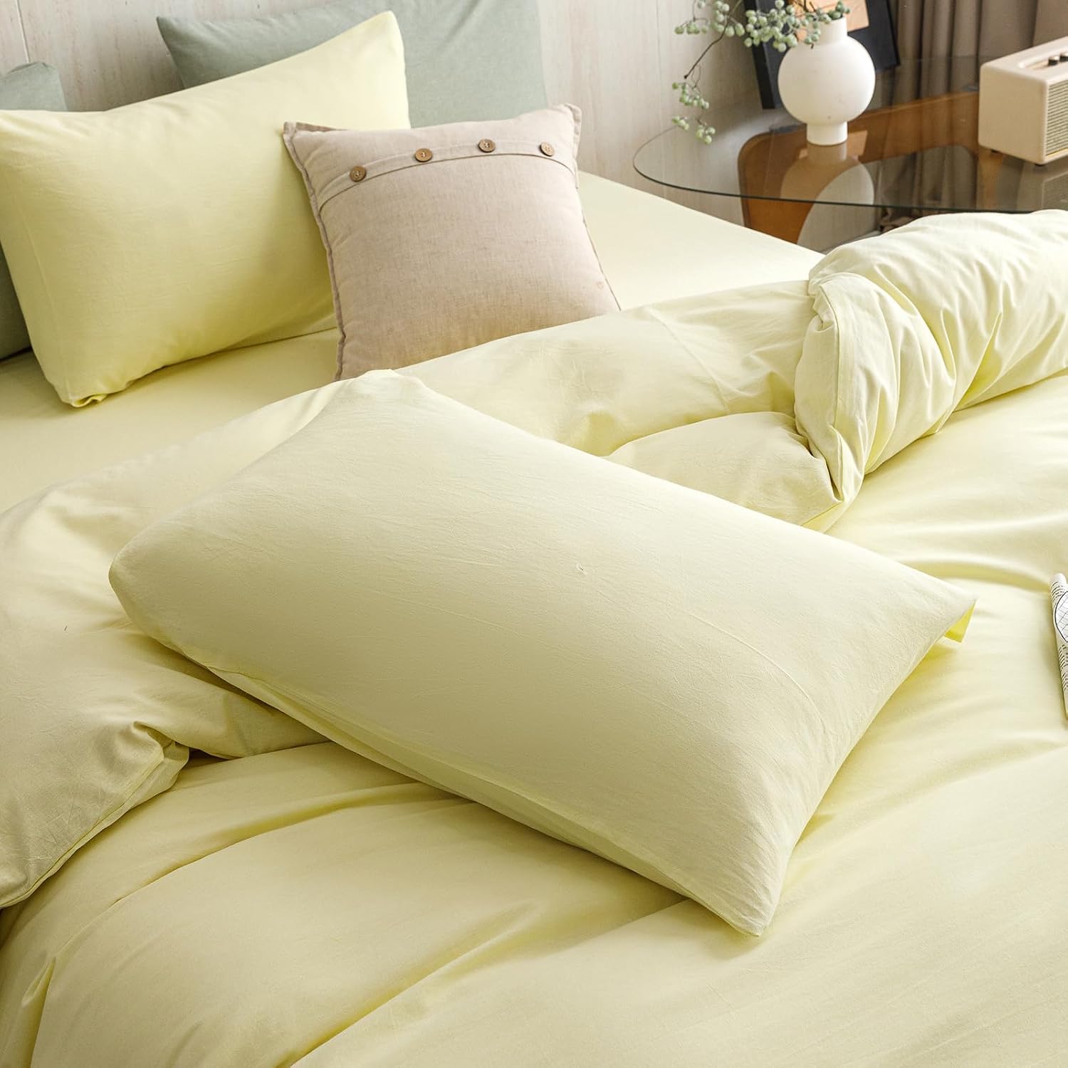 KAREVER Light Yellow Comforter Queen Washed Cotton 3 PCs 100% Cotton Bedding Set Light Yellow Queen Size Comforter Set | Breathable