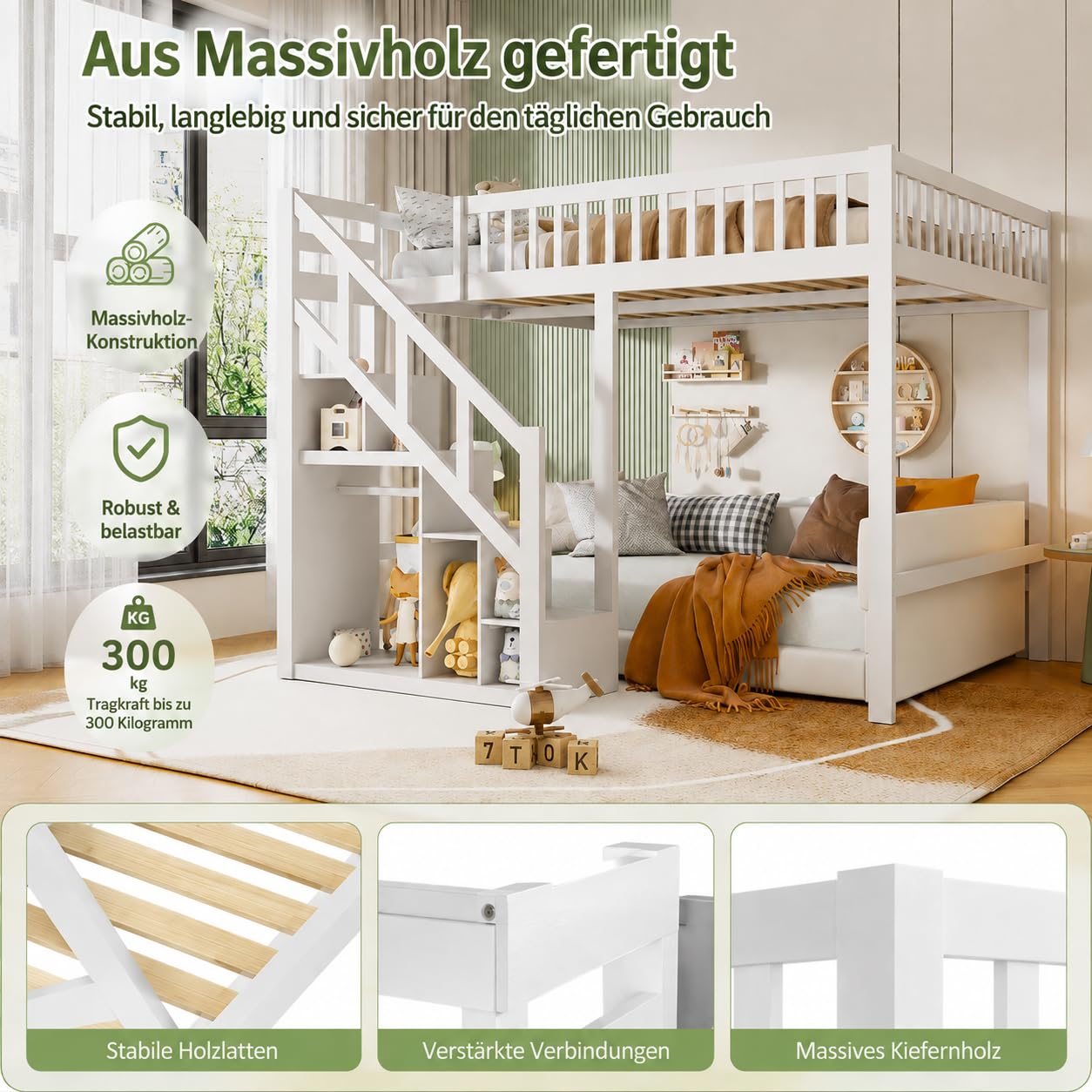 Cama infantil de 90 x 200 cm, litera de 90 x 200 cm, con escalera y armario de almacenamiento, cama funcional juvenil, cama doble con rejilla y protección anticaídas, madera maciza