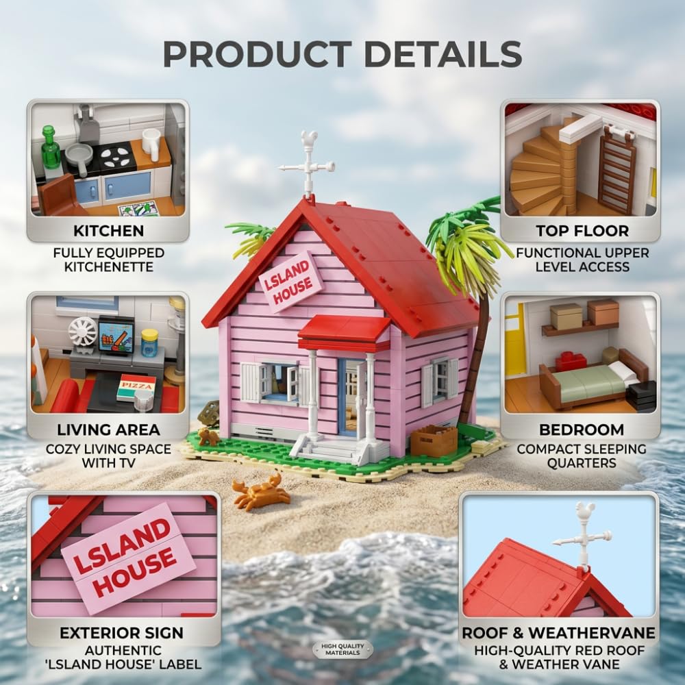 Casa Tropical de la Isla Tortuga | 1434 Piezas | Modelo de Bloques de Construcción | Villa Rosa de Colección | Decoración para Escritorio y Regalo para Fans de Anime
