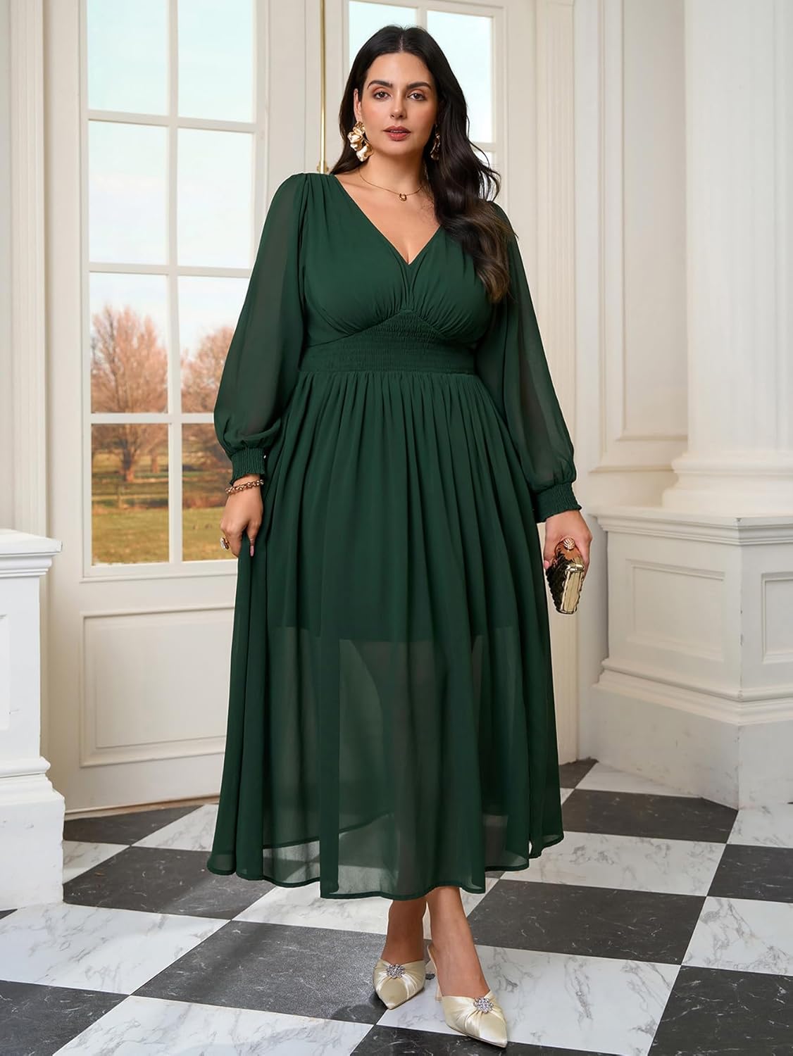 SCOMCHIC Womens Plus Size Formal Dresses Chiffon Wedding Guest Long Sleeve V Neck Smocked Flowy Slit Maxi Dress - Image 3