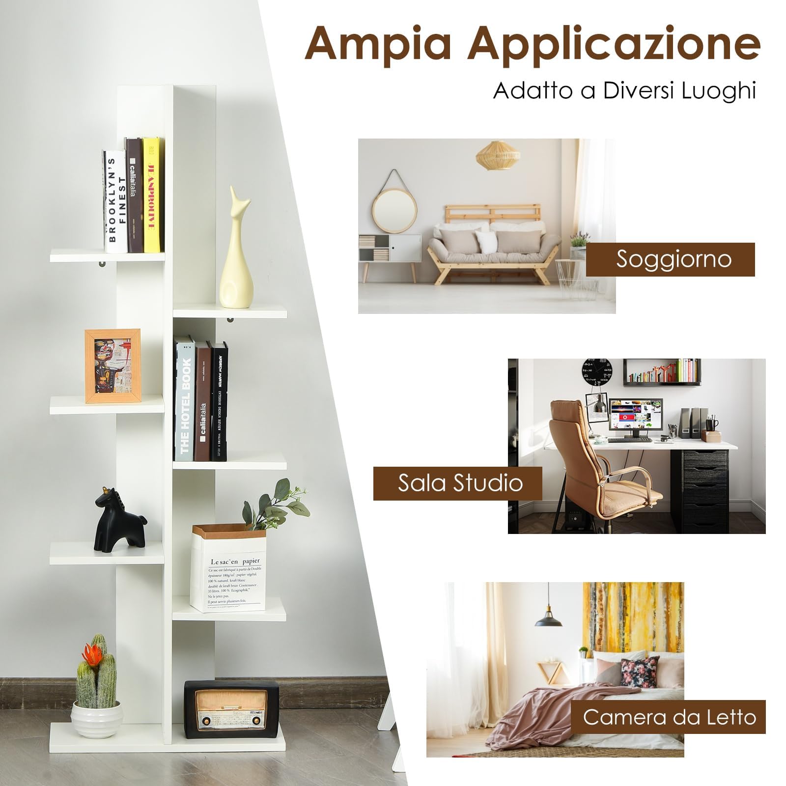 COSTWAY Scaffale in Legno per Libri, 6 Livelli, Libreria da Terra multiuso per Soggirno Ufficio Balcone, Ideale per per Soggirno Ufficio Balcone, 50 x 20 x 141 cm (Bianco)