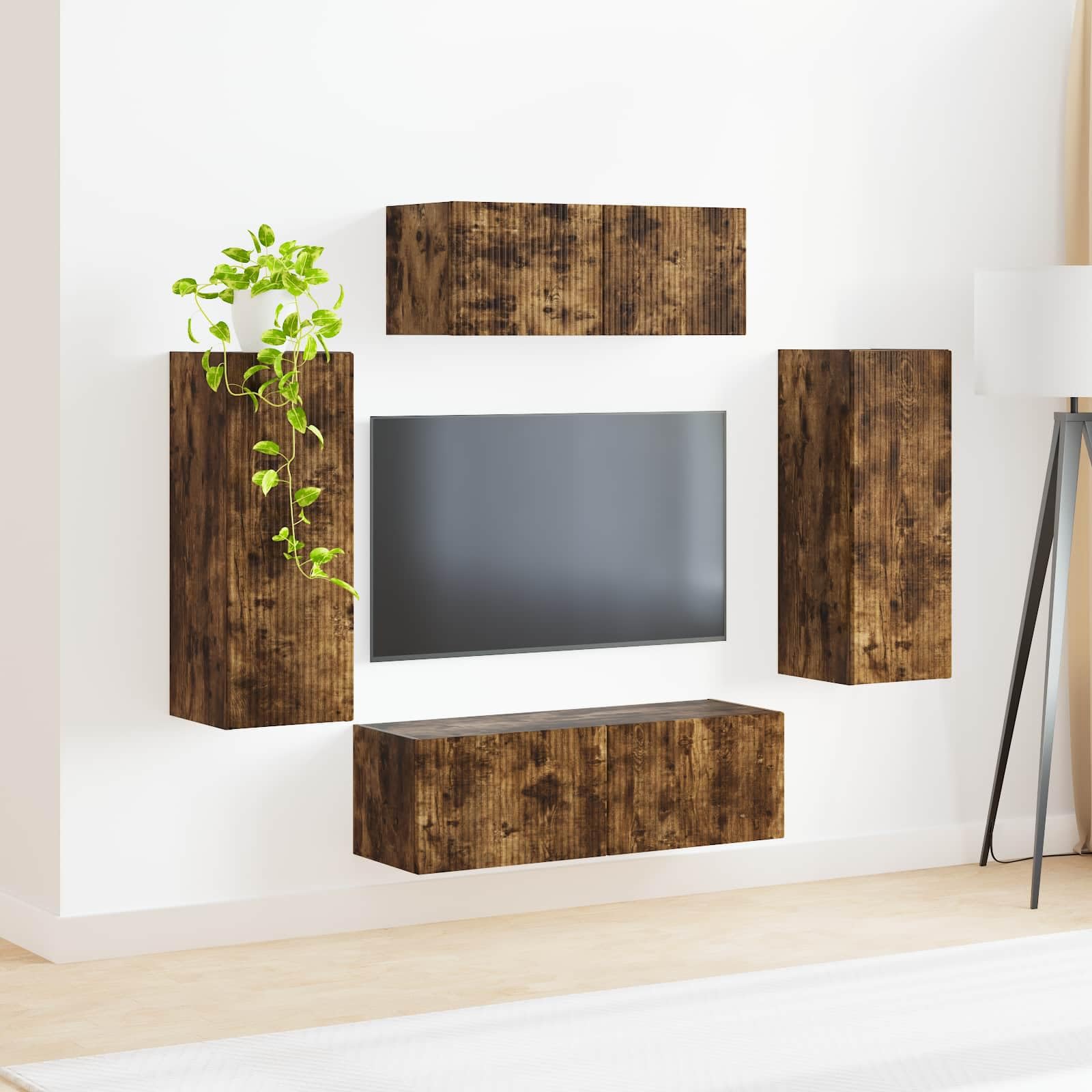 3-częściowy zestaw mebli telewizyjnych, dąb wędzony, nowoczesne centrum rozrywki do salonu i biura, wytrzymała konsola TV z dużą ilością miejsca do przechowywania, regulowane półki ścienne