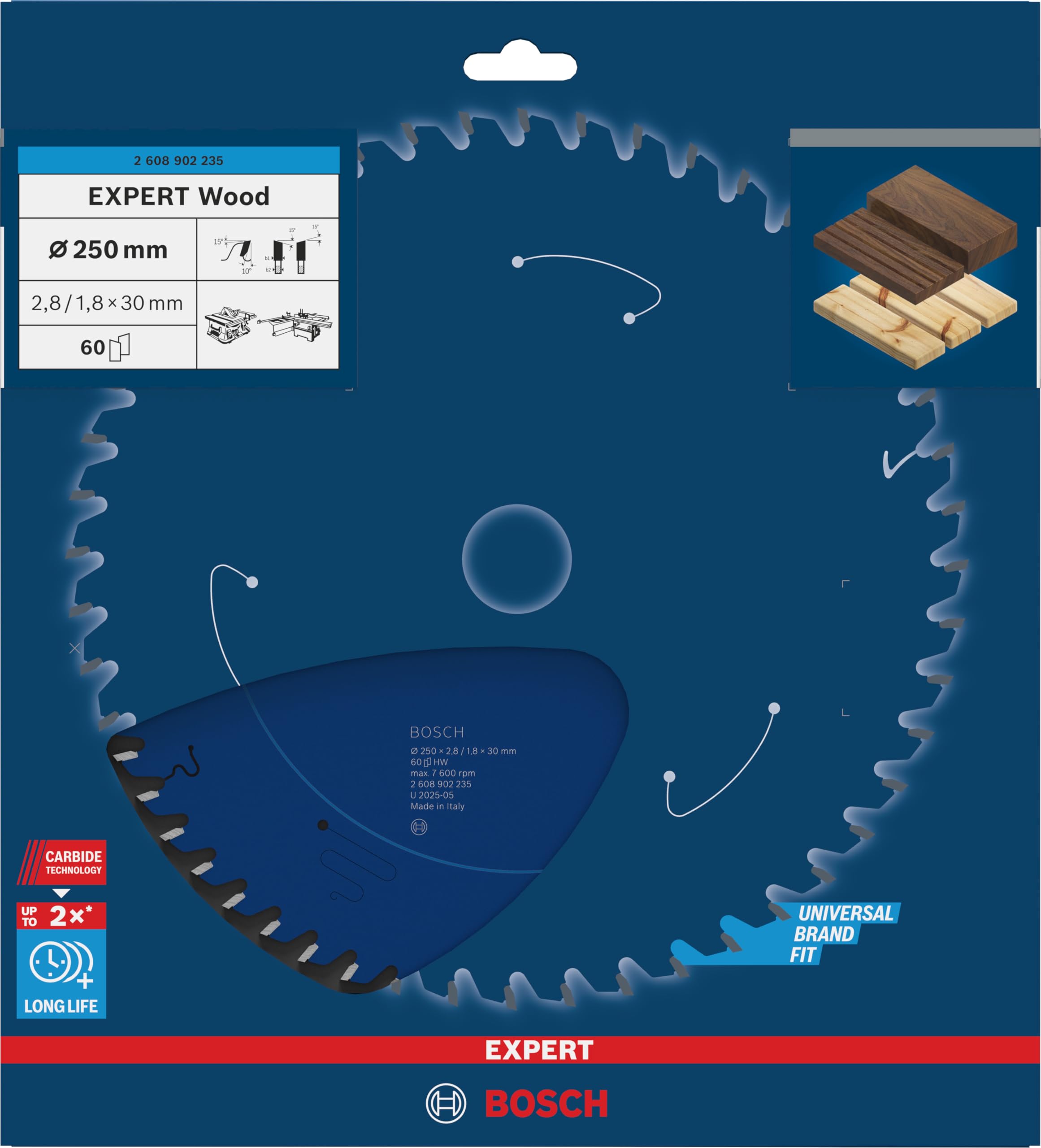 Bosch 1x Lama per sega circolare EXPERT per Wood cablata per seghe da banco (per Legno tenero, Legno duro, Ø mm, Professional Accessorio Sega circolare a filo da banco)
