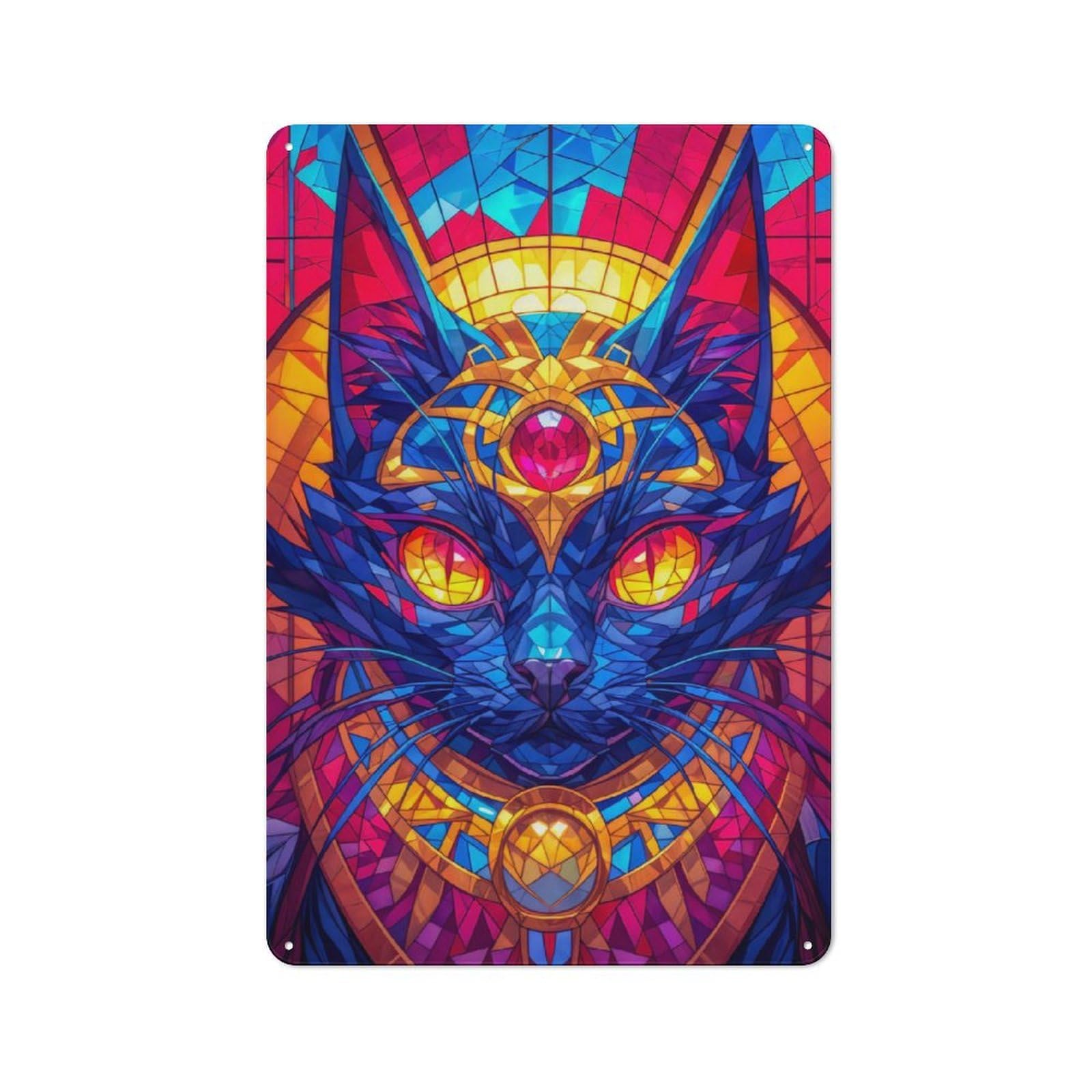 Junmoney Style-24 Industrial Metal Sign With Regal Stained Glass Cat Design 30X20cm, Clean Industrial Urban Room Decor For Flat, Bar, Studio Or Gallery Wall