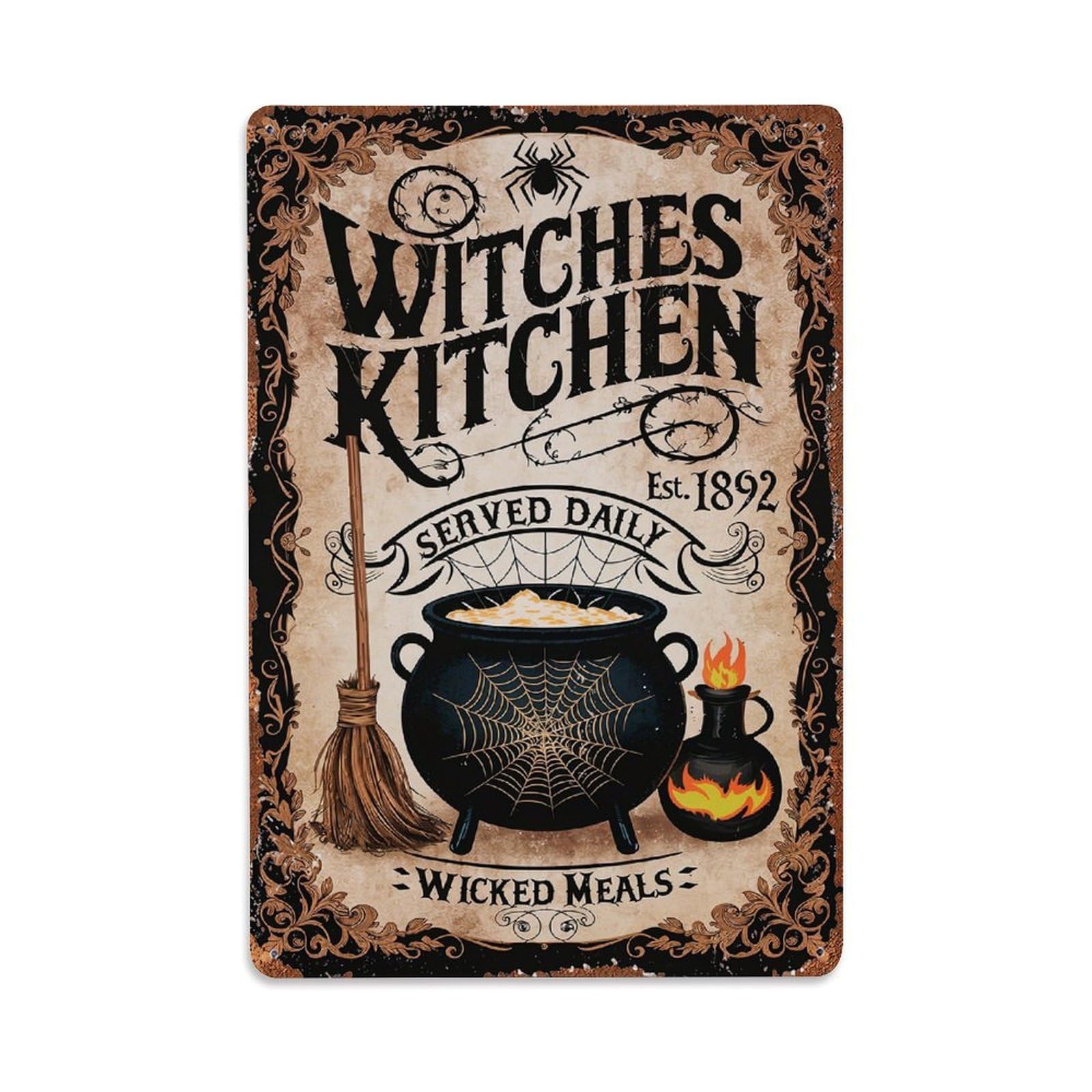 Witches Kitchen Vintage Halloween Sign Retro Metal Tin Sign, Vintage Metal Poster for Bar, Home, Man Cave, Kitchen, Laundry Room Art Decor 8x12 Inch