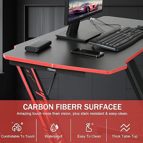 Miniatura 4 de YIQIEDEY Escritorio para juegos de 47 pulgadas en forma de Z, superficie de fibra de carbono, mesa simple para juegos, escritorio de oficina en