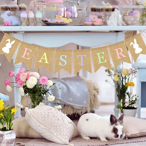 Miniatura 5 de 2 pancartas coloridas de arpillera de Pascua, guirnalda colorida de conejo, guirnalda de conejo, guirnalda rústica para fiesta de Pascua, pancarta