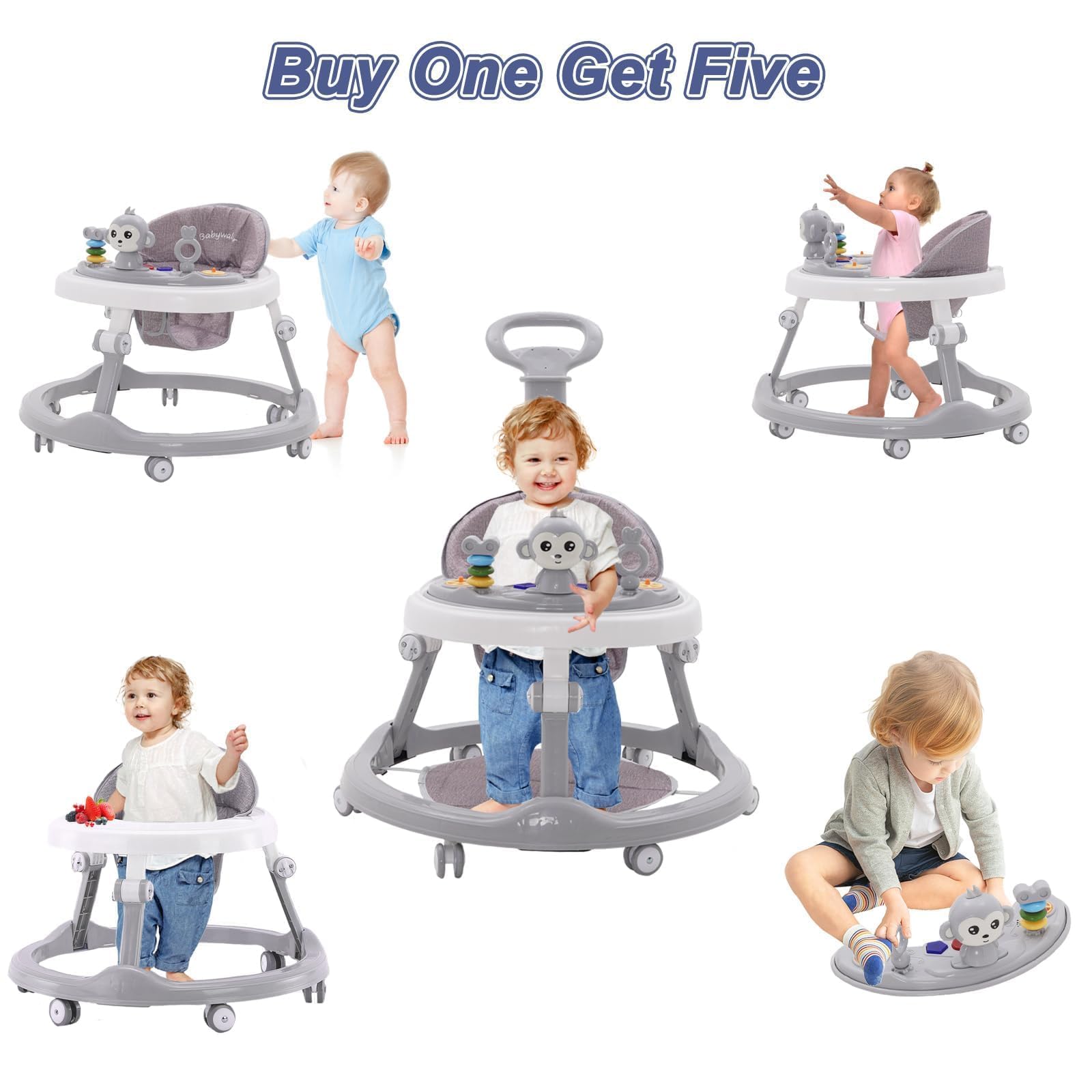 Lauflernhilfe Babywalker 5in1,mit Musikalisches Spielzeug und Herausnehmbarem Essteller,360-Grad-Rädern ohne Geräuschentwicklung,Faltbare Lauflernwagen Laufhilfe babys ab 0+ Klappbar Grau
