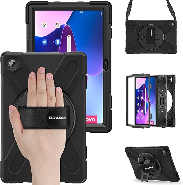 BRAECN Case for Lenovo Tab M10 Plus 3rd Gen 10.6 Inch 2022, Heavy Duty Rugged Protective Cover with 360° Rotating Kickstand & Hand Strap, Shoulder Strap for TB-125F/TB-128F, Black