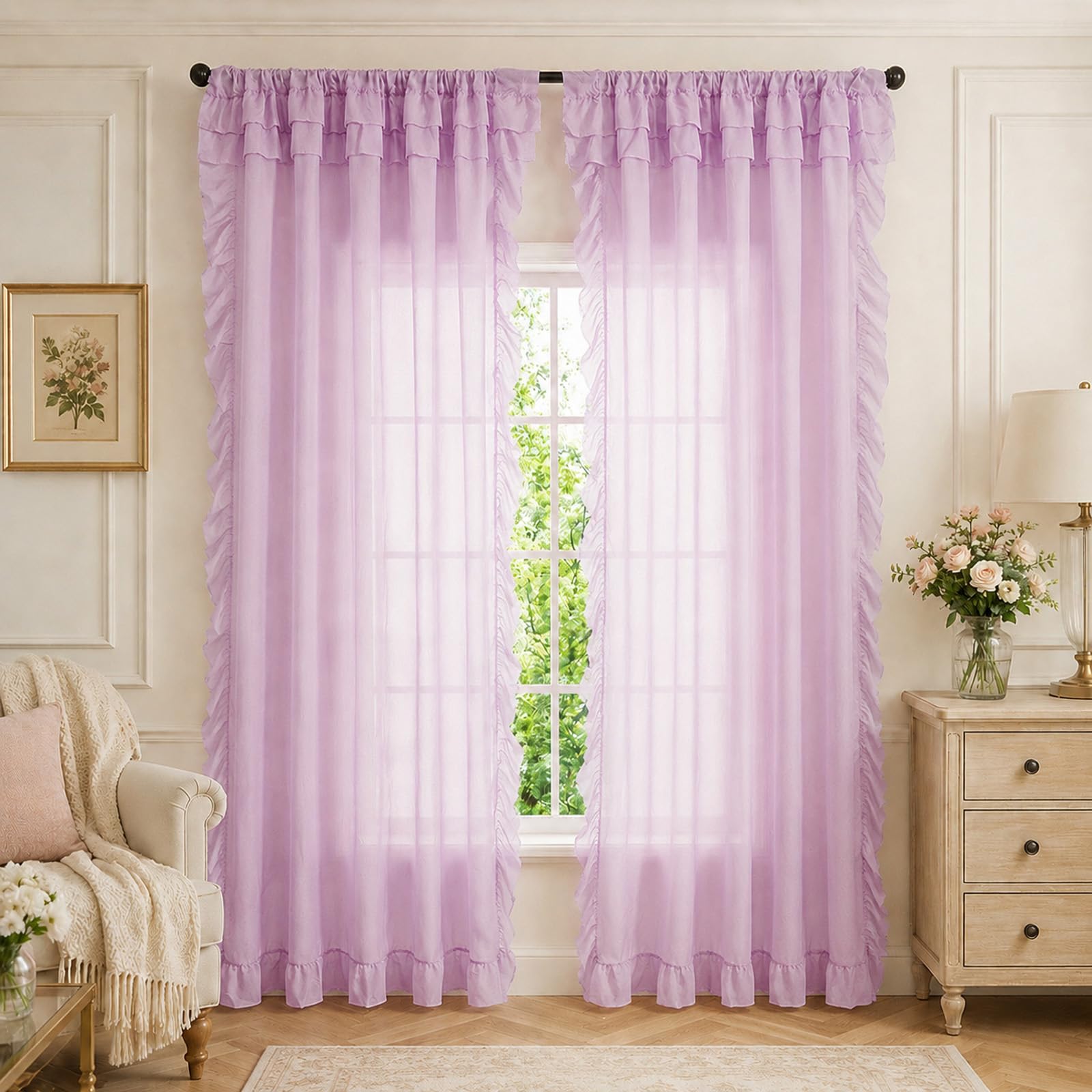 SSWH Voile Curtain, Rod Pocket Sheer Curtains for Bedroom, Ruffle Solid Color Voile Net Curtains for Windows Living Room(Size:100x130cm/W 39" x L 51" (2 Panels),Color:Light Purple)