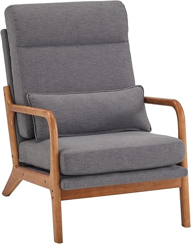 Miniatura 7 de Bonnlo Silla decorativa moderna de mediados de siglo, de lino beige con respaldo alto, sillones de salón acolchados de madera soild, sillas