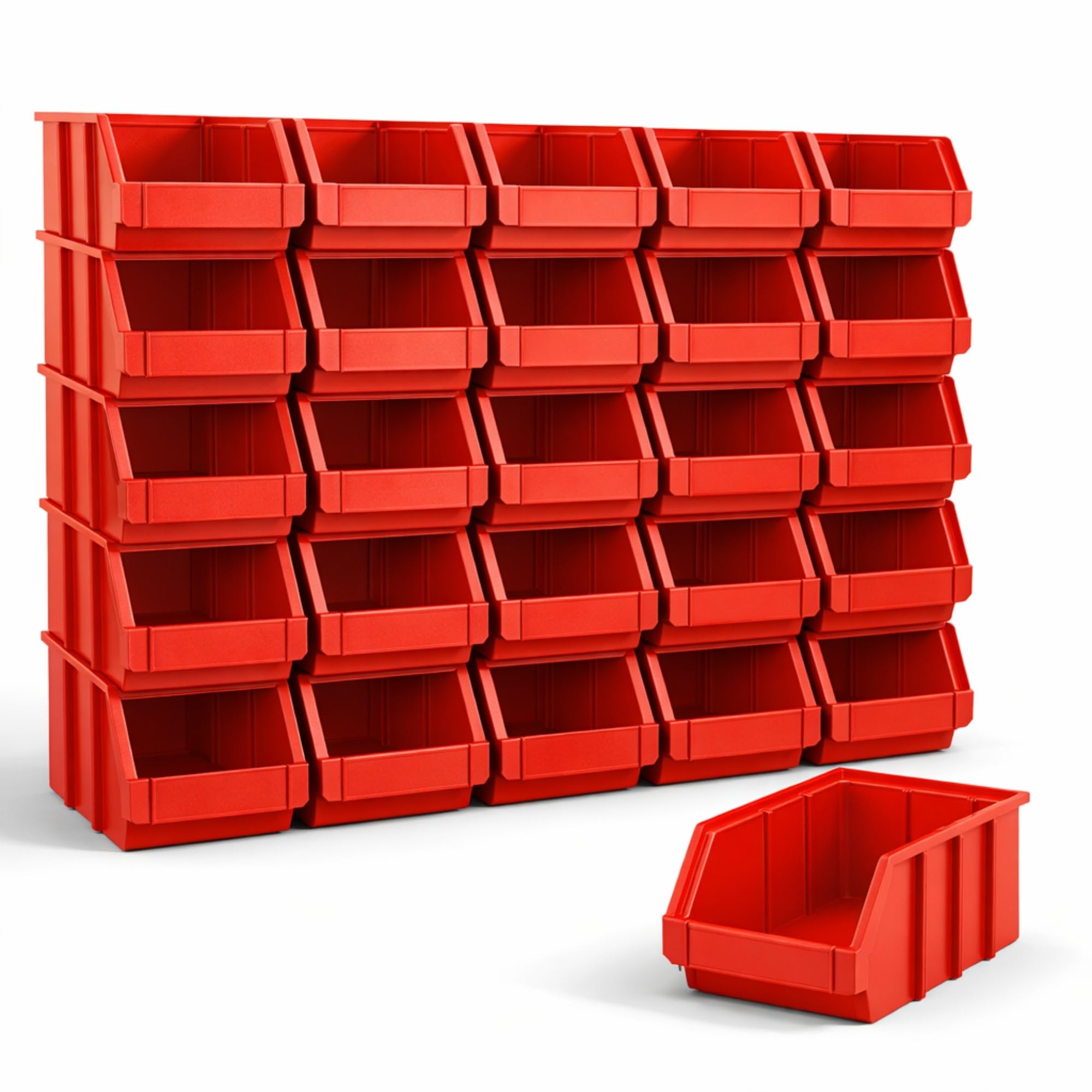 Rodopi 26er Set Stapelboxen, Größe M | Sichtlagerkästen 230x150x130mm | Robuste Lagerboxen für Werkstatt, Garage, Keller | Aufbewahrung für Kleinteile & Werkzeug | Sortierkästen Rot