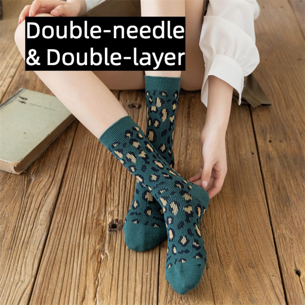 Polka Dots Socks Leopard Print High Ankle Women Cotton 5 Pairs Double-Needle Double-Layer - Image 3