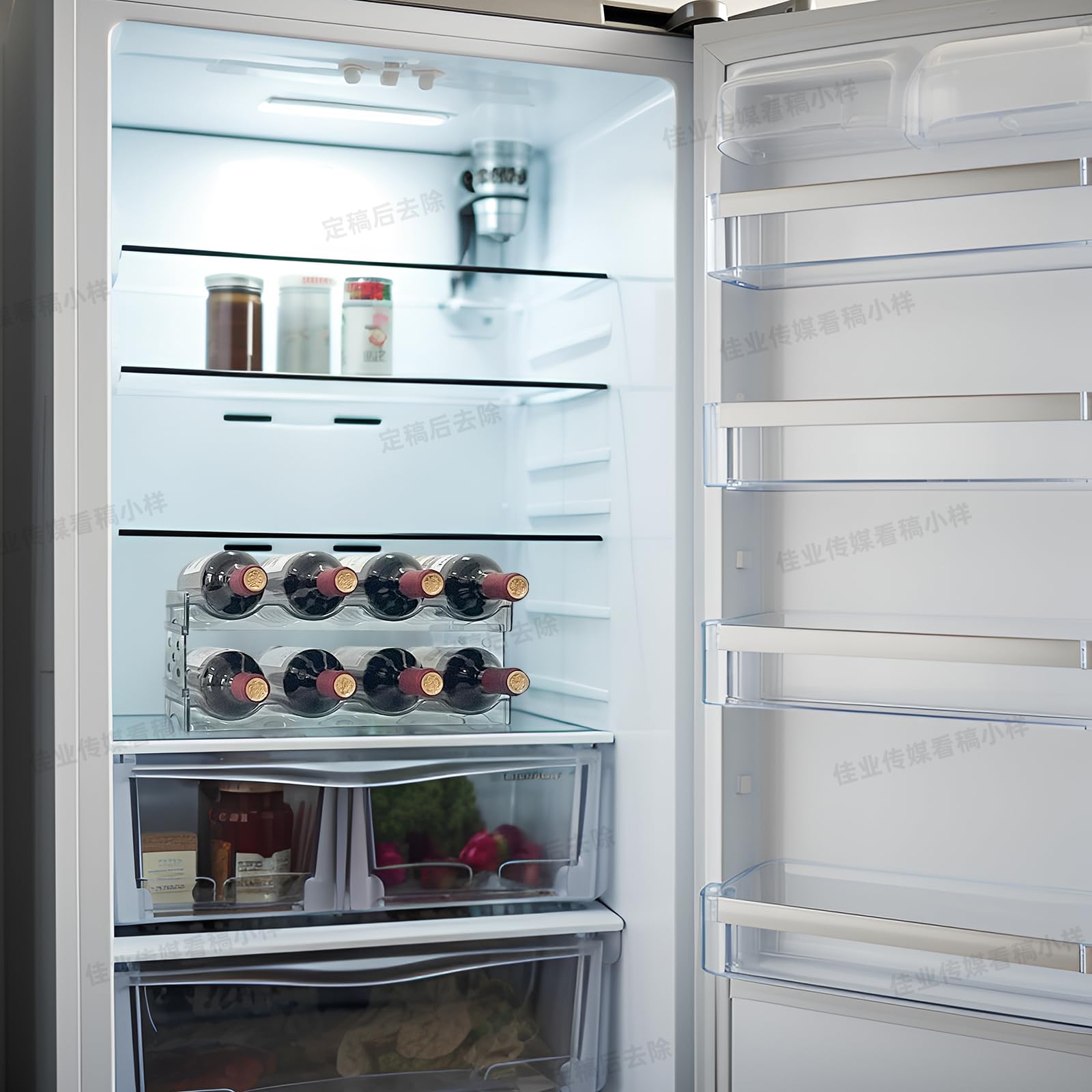 Estante de vino para encimera, nevera, armario interior, soporte de plástico de 2 niveles para botellas de vino, organizador de botellas de agua para refrigerador, despensa, capacidad para 8 7