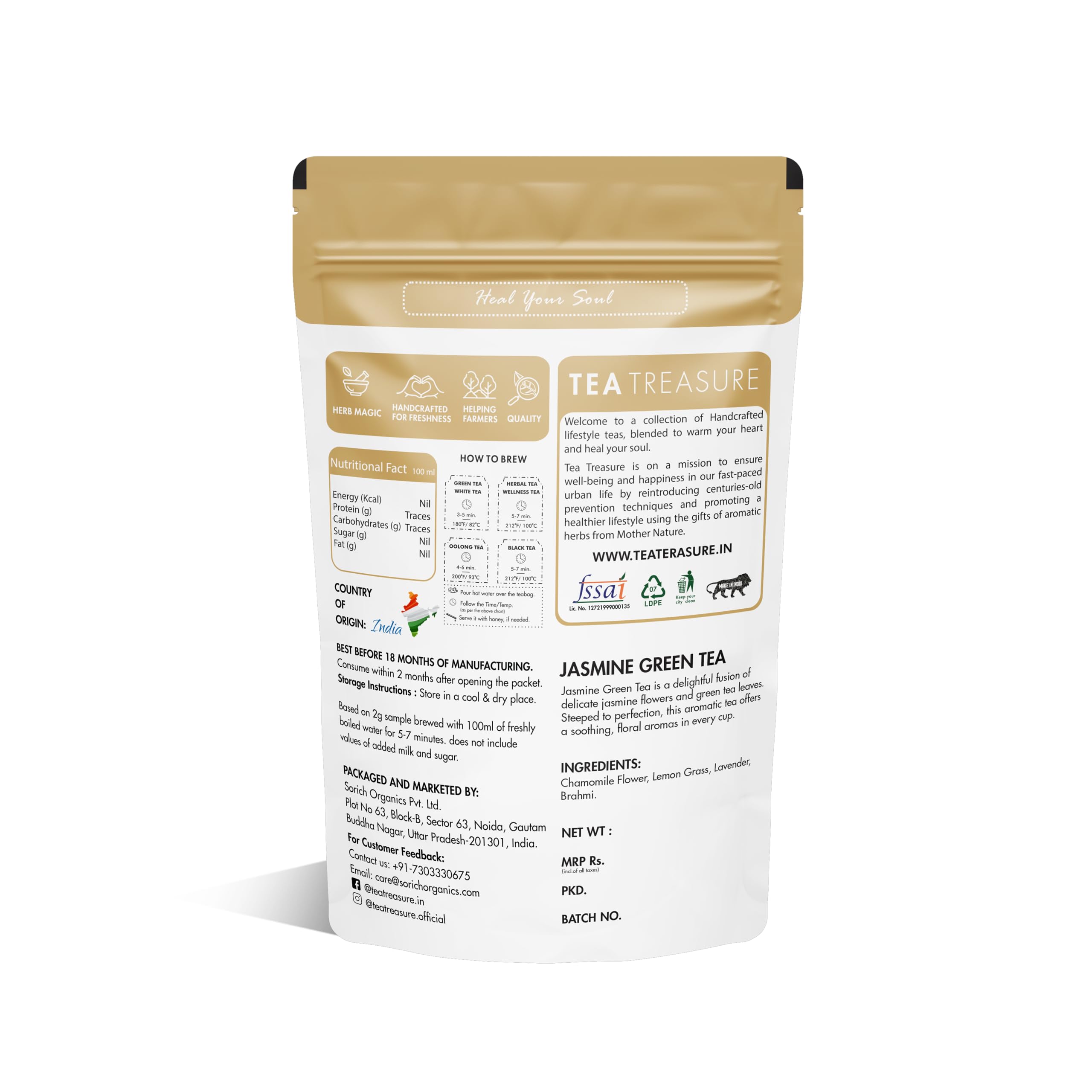 Tea Treasure Peace-Jasmine Green Tea 50 Gram | Green Tea - 50 Gram (50 Cups) | With 100% Natural & Pure Ingredients For calm Mind | Aids Sleep | Best As A Hot Drink Or Iced Cooler add 1 Tabel Spoon | 4