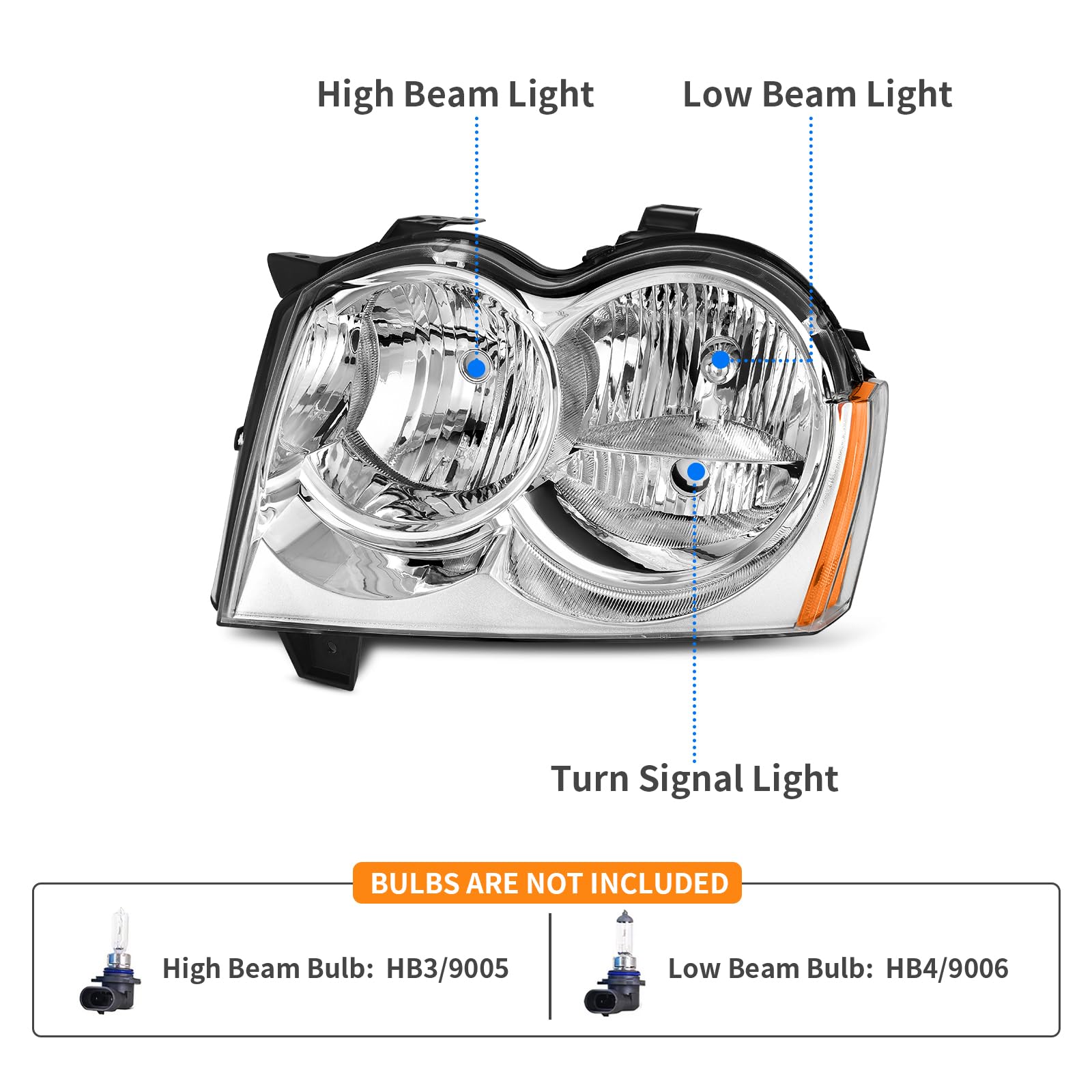 Headlight Assembly Compatible with 2005 2006 2007 Jeep Grand Cherokee Headlights, 05-07 Headlamp Chrome Housing Clear Lens Amber Reflector (Passenger and Driver Side)