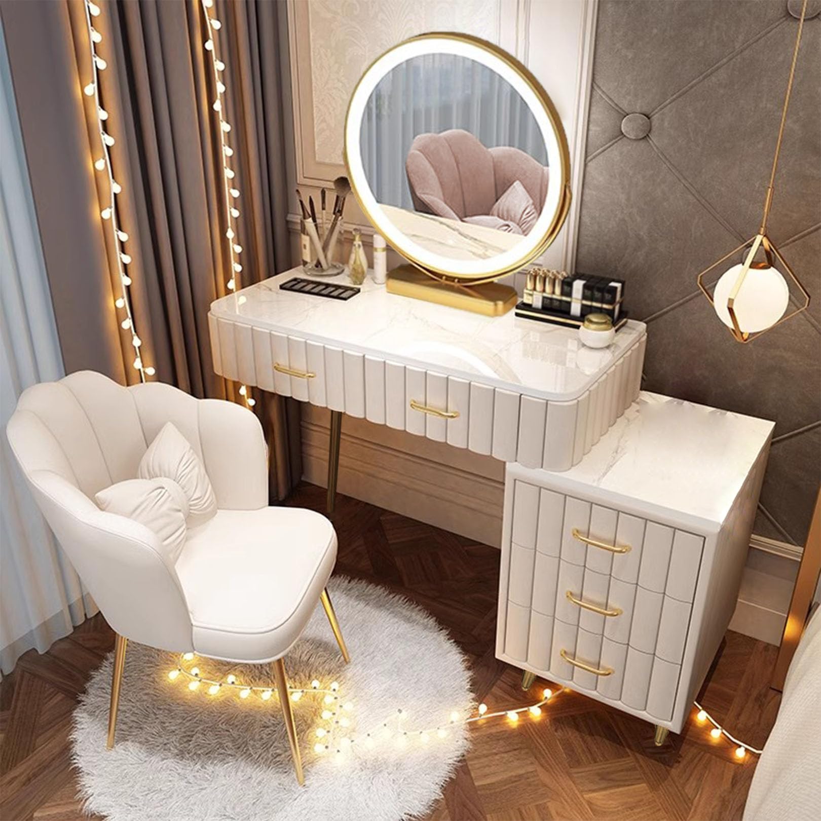 CGCSYZ LED Vanity Desk with Lighted Mirror Makeup Table with Storage Drawers Stylish Dressing Table & Cushioned Stool for Bedroom White 100cm/39.4in(White-80cm/31.5in)