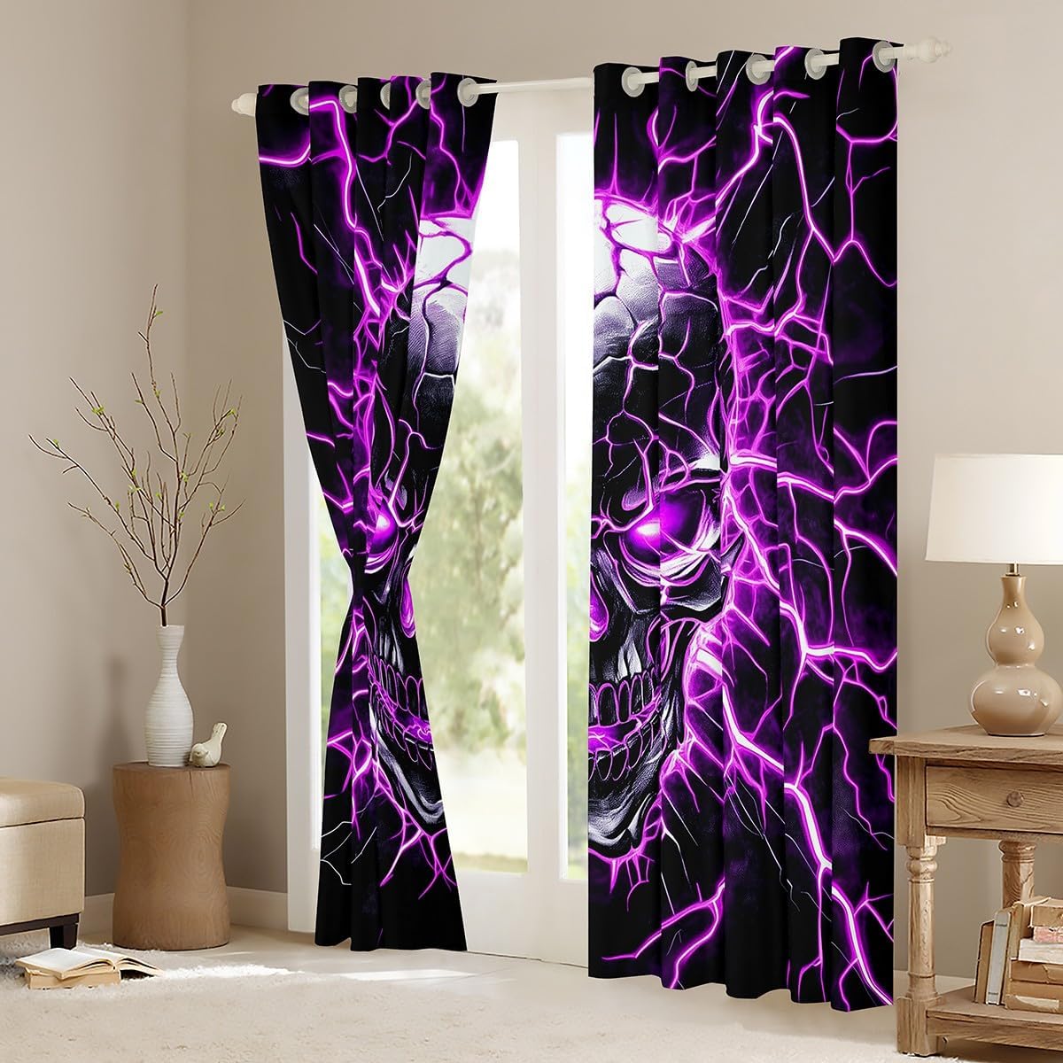 Gothic Skulls Curtains for Living Room,Purple Lightning Skeleton Window Drapes Bedroom Blackout 30%-50%,Happy Halloween Theme Window Treatment Grommet Top 2 Panels Decor,38Wx45L