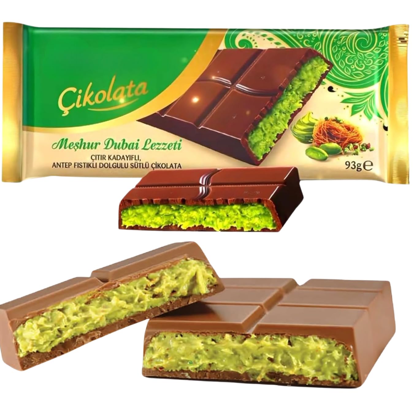Turkish Dubai Chocolate Bar Pistachio I Chocolate Bar with Pistachio Cream and Kataifi, 3.17 oz (93gr) - Pack Of 3
