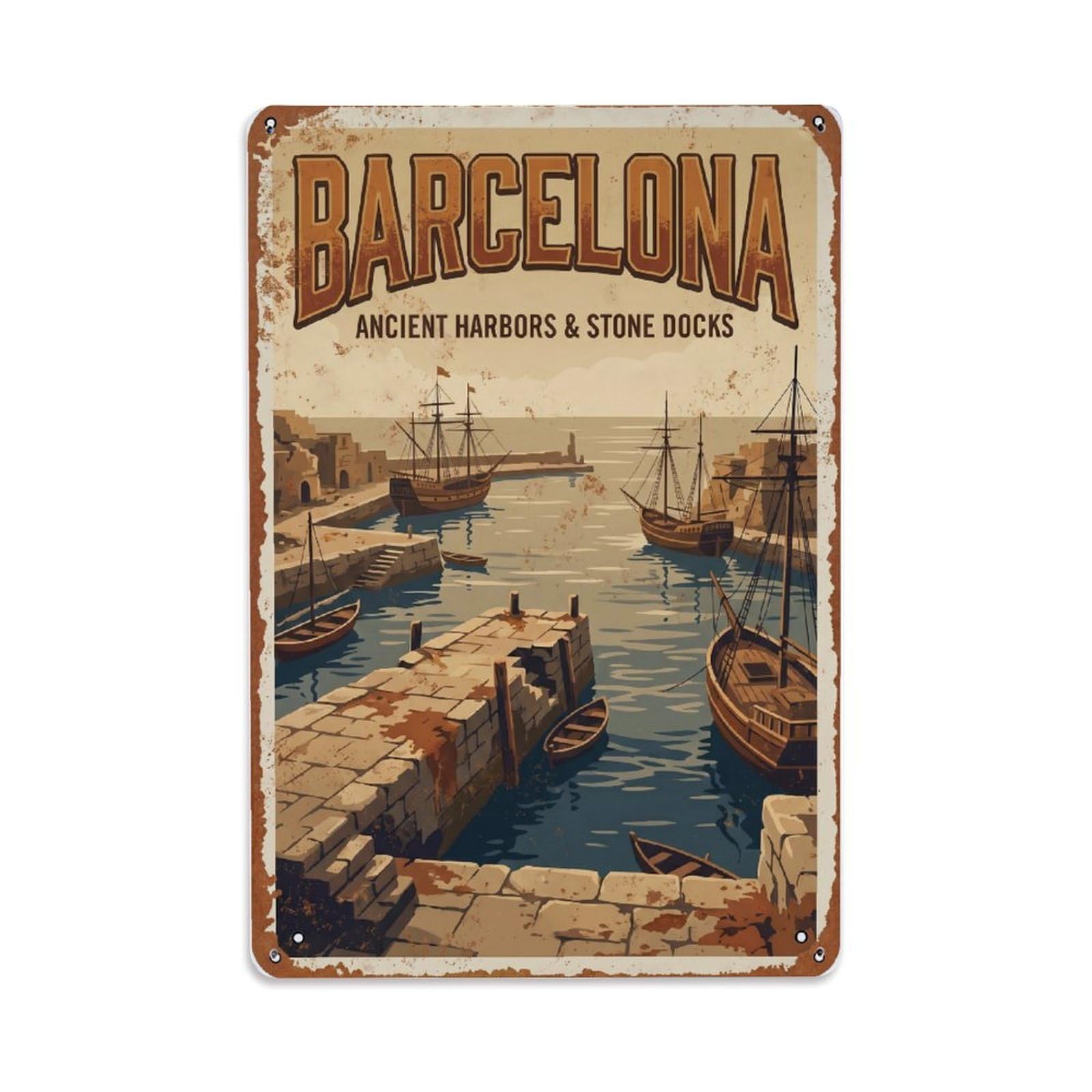 Fqnyr Style Vintage Travel Harbors Spain Ancient Metal Tin Sign Plaque Wall Decor For Cafe, Club Bar, Office, Home Garden Metal Poster 8X12inch