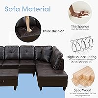 Vista 4 de Sofá modular para sala de estar, sofá seccional de cuero marrón en forma de L con diván y otomano de almacenamiento para sala de estar