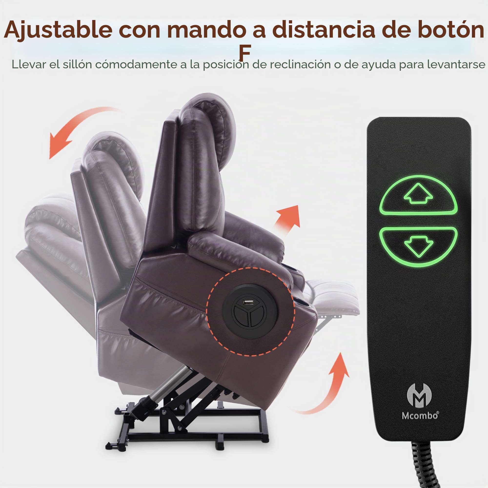 MCombo Sillón eléctrico para levantarse y relajarse, con calefacción, ajustable, conector USB (marrón), color marrón