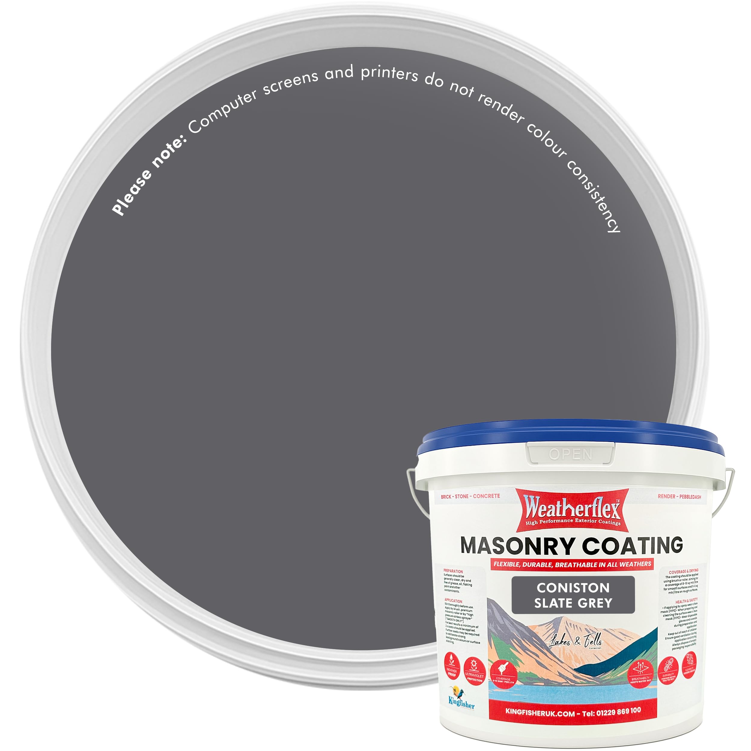 Kingfisher Weatherflex Masonry Paint 10L | Waterproof & Non-Toxic Outdoor Paint for Brick, Stone, Concrete | Ultra-Flexible, Crack Resistant & Breathable for Extreme Weather | Coniston Slate Grey