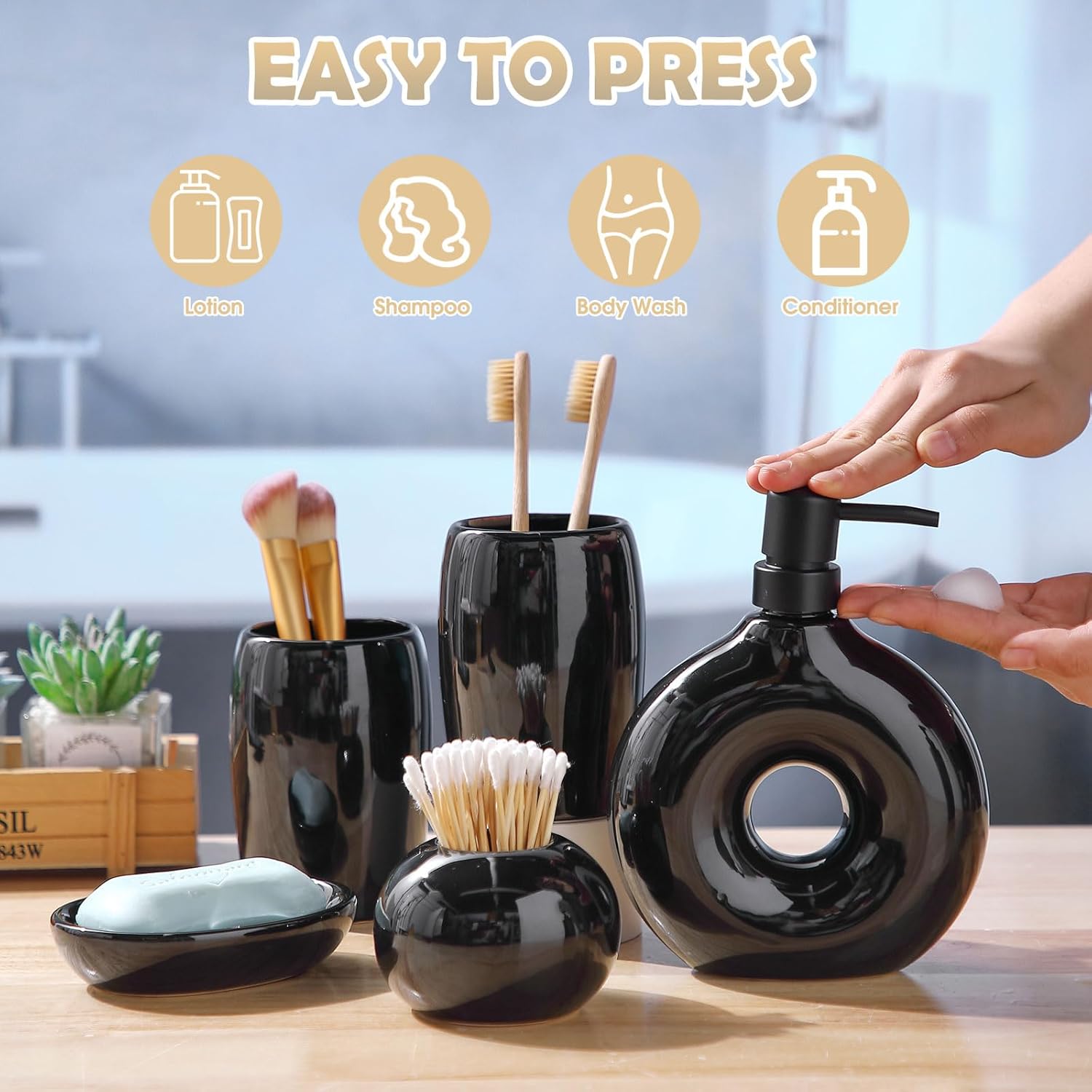 5 Pcs Ceramic Bathroom Accessories Set Includes Soap Dispenser Toothbrush Cup Holder Soapbox Holder Stylish Modern Bathroom Matte Glaze Decor (Black)