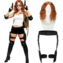 Wavwavw 2 Pcs Black Women Halloween Costume, Orange Red Wig | Black Thigh Holster Belt with Straps, Hero Costume Accessories for Women, Halloween Movie Cosplay Accessories