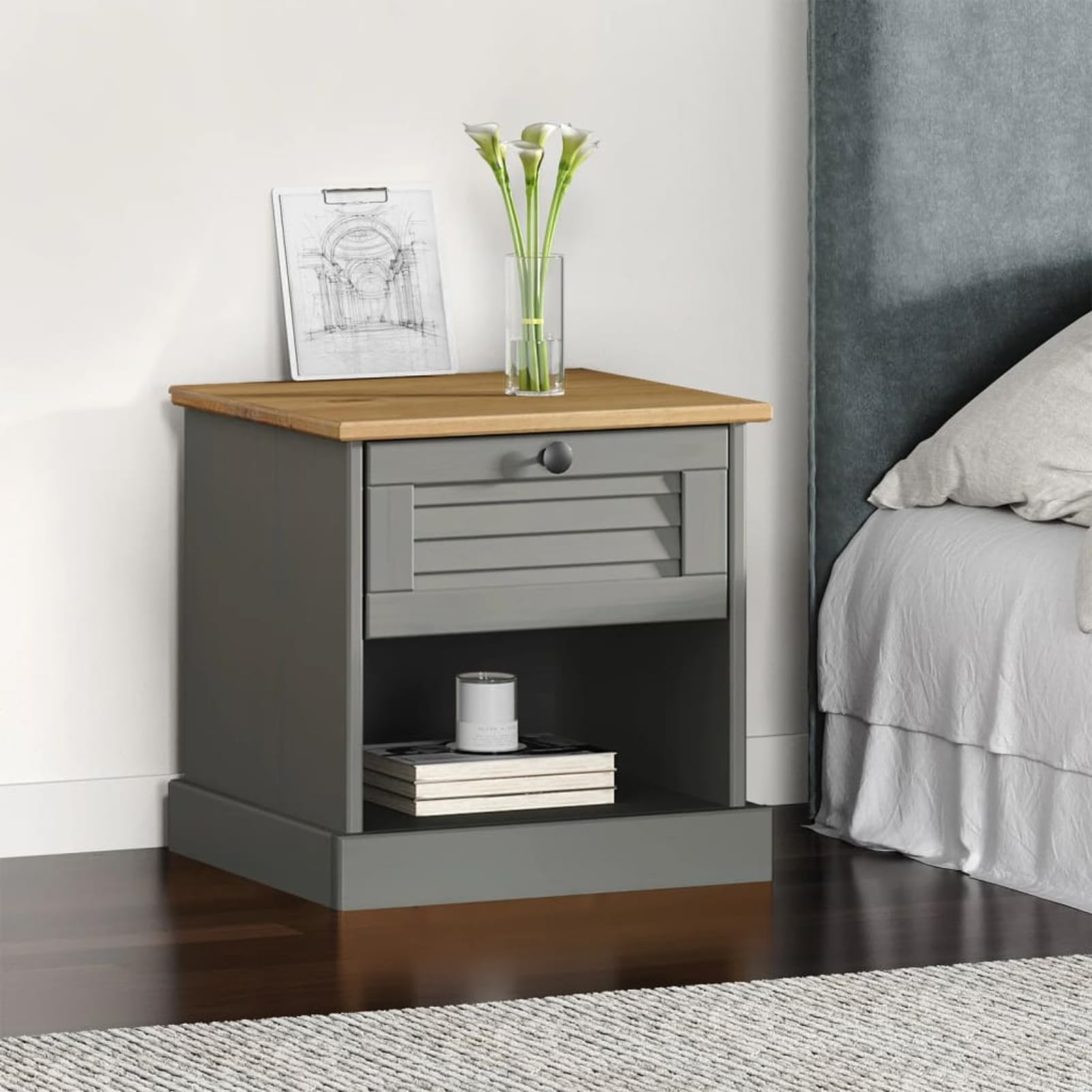 Homgoday Comodino, comodino, comodino, comodino, comodino, comodino, comodino, comodino, tavolino per camera da letto, letto, grigio, 42 x 35 x 40 cm, legno massello di pino # 8
