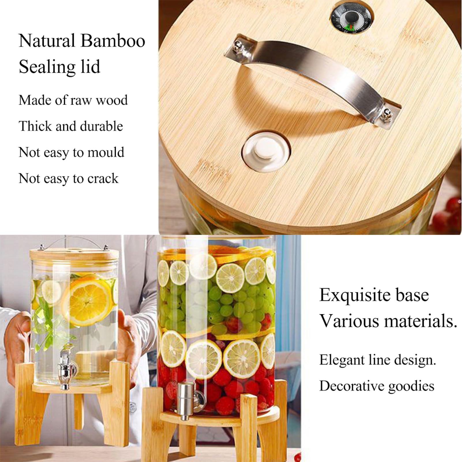 Máquina de bebidas de vidrio de 11 l, exprimidor grande con soporte de madera y grifo de acero inoxidable, botella de limonada para fiestas, dispensador de bebidas para restaurantes y bares, 8 l