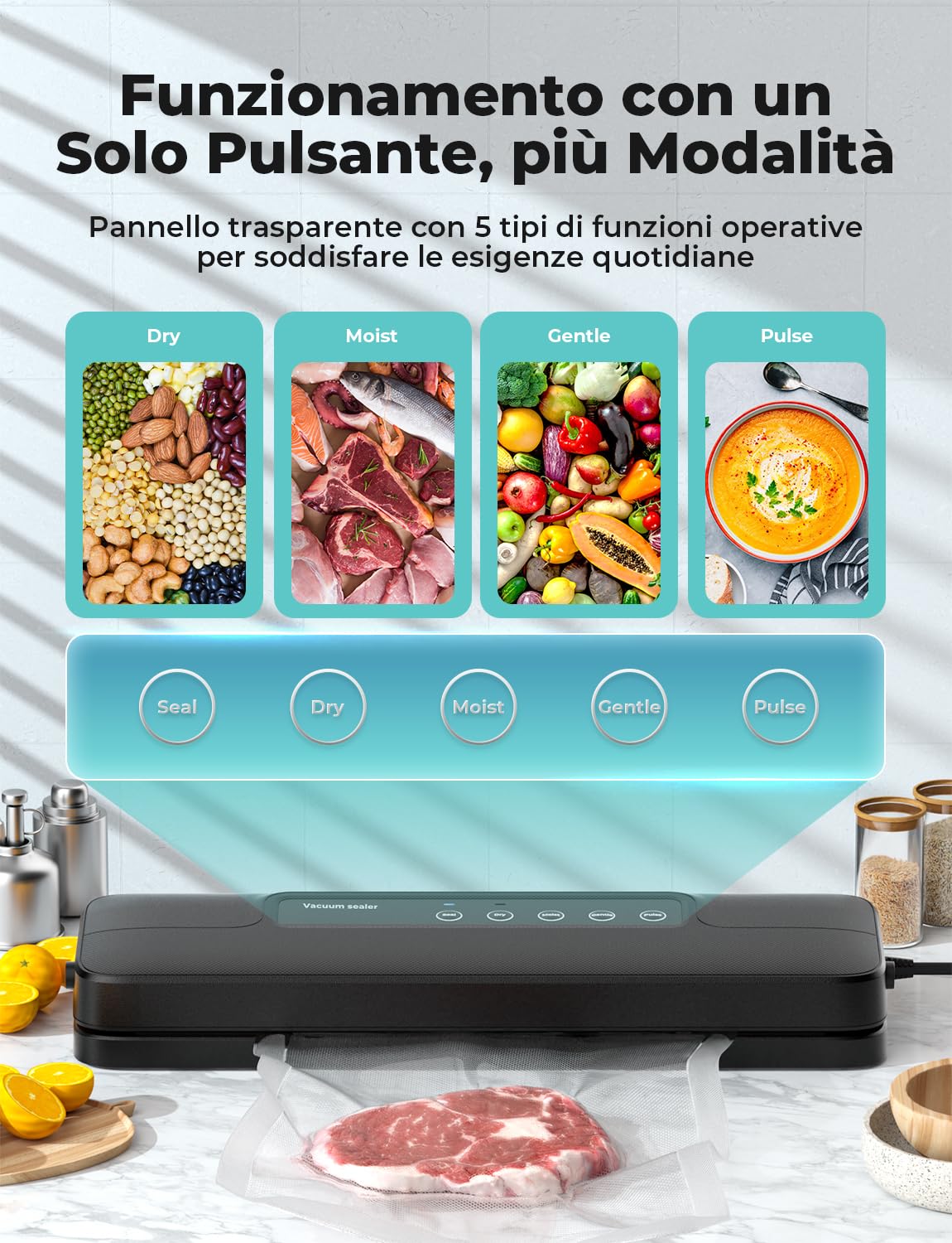Macchina Sottovuoto Alimenti 5 in 1, Automatica Sigillatore Sottovuoto Macchina per Alimenti Secchi che Umidi, con 10 Sachetti Sottovuoto e Tubo Sottovuoto, Nero