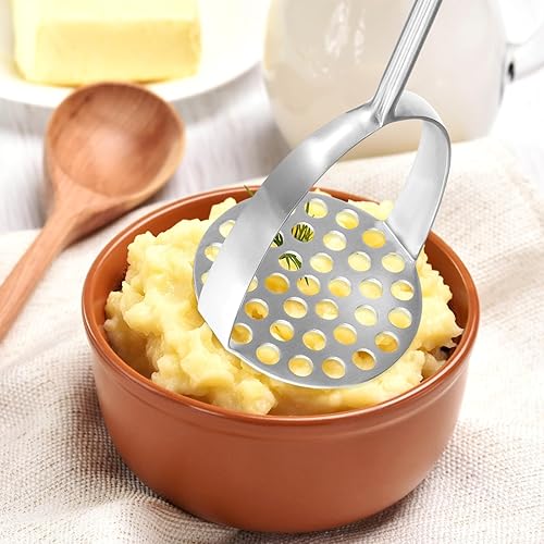 Miniatura 4 de Triturador de papas de acero inoxidable con mango de madera, diseño ergonómico para frijoles, verduras, frutas y puré de papas, fácil de usar y