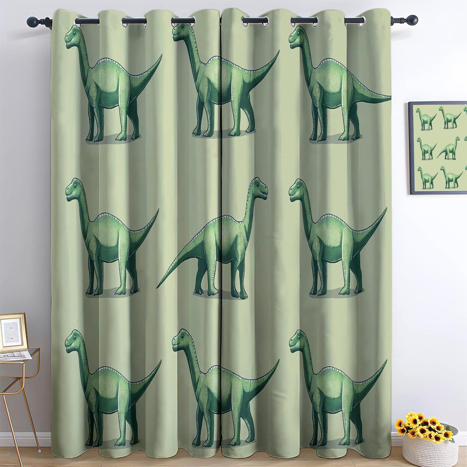Dziecięca zasłona zaciemniająca z motywem dinozaurów z kreskówki, proste 110 x 215 cm, zestaw 2 zasłon z nadrukiem, do salonu, sypialni, kuchni, dekoracji, zasłon i zasłon wewnętrznych, zielona