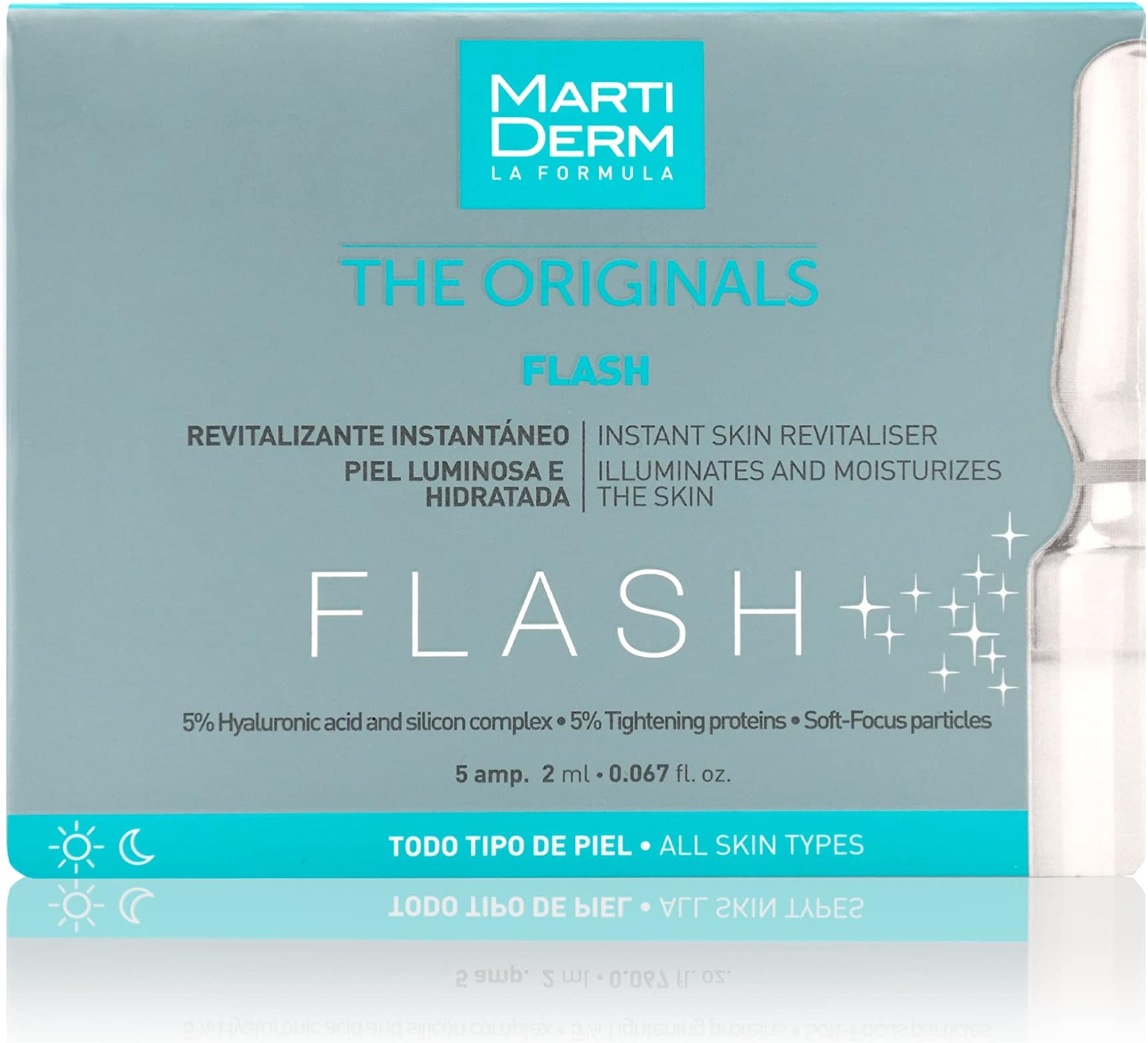 Martiderm Flash Ampoule for Women and Men with Hyaluronic Acid, Silica Complex and Tightening Proteins for Moisturising, Renewing and Inmediate Lifting Effect, 5 Ampoules.