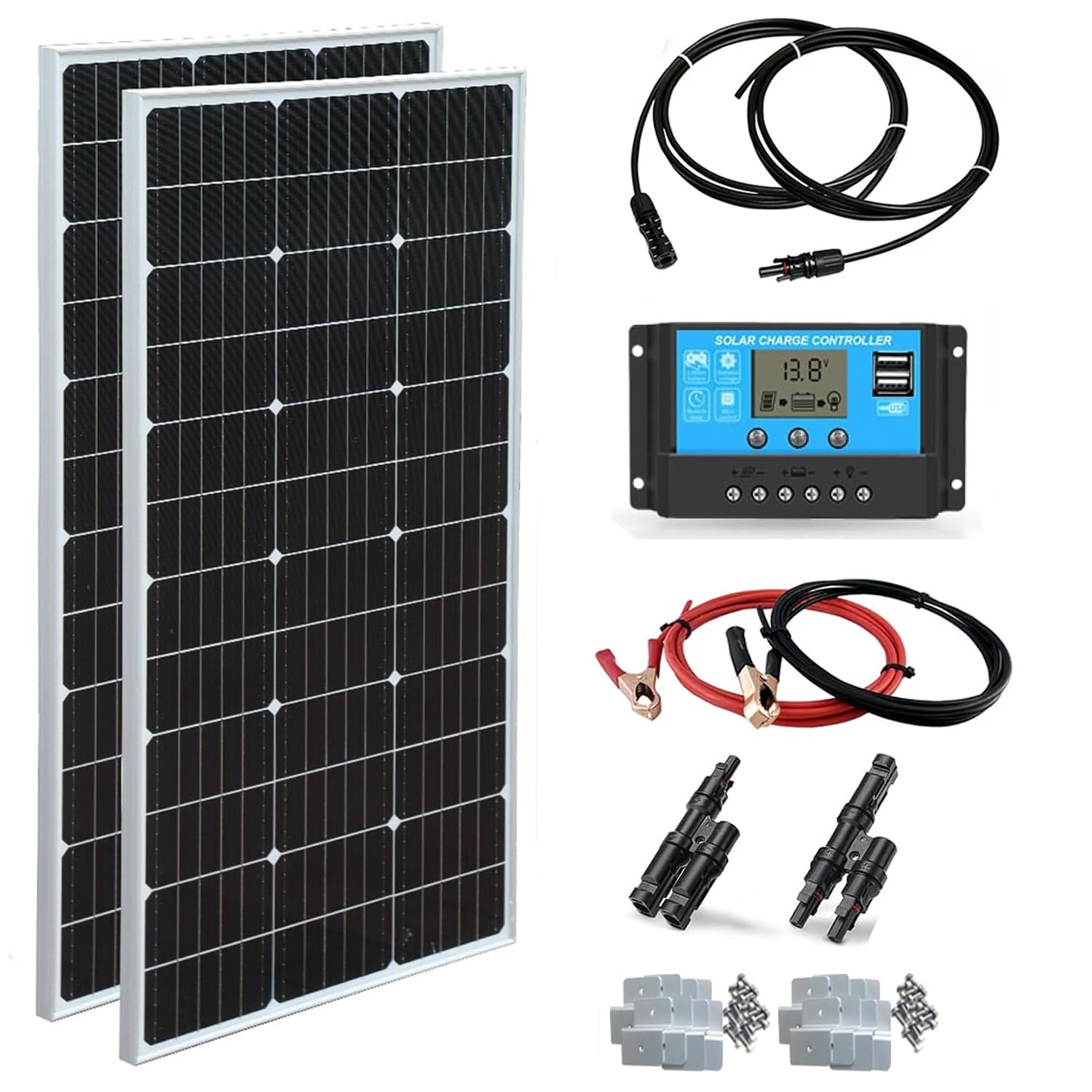 Solarpanel-Kit 200W Monokristallines 2X100Watt Glas Solarmodul+20A 12V/24V Solarladeregler+Solarkabel Off-Grid-System für 12V Batterien Solaranlage Wohnmobil Häuser Balkon
