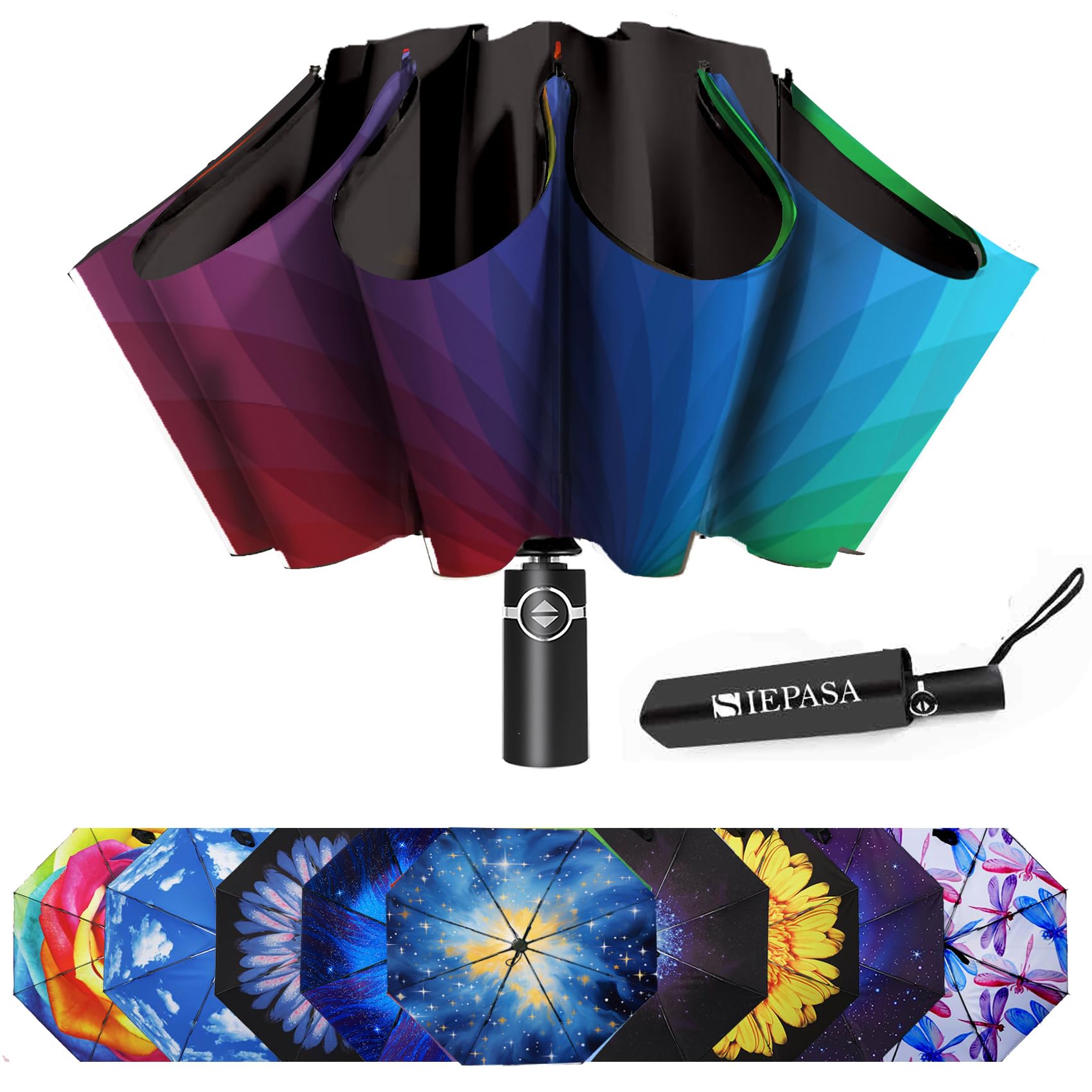 Parapluie coupe-vent inversé SIEPASA pliable et automatique arc-en-ciel