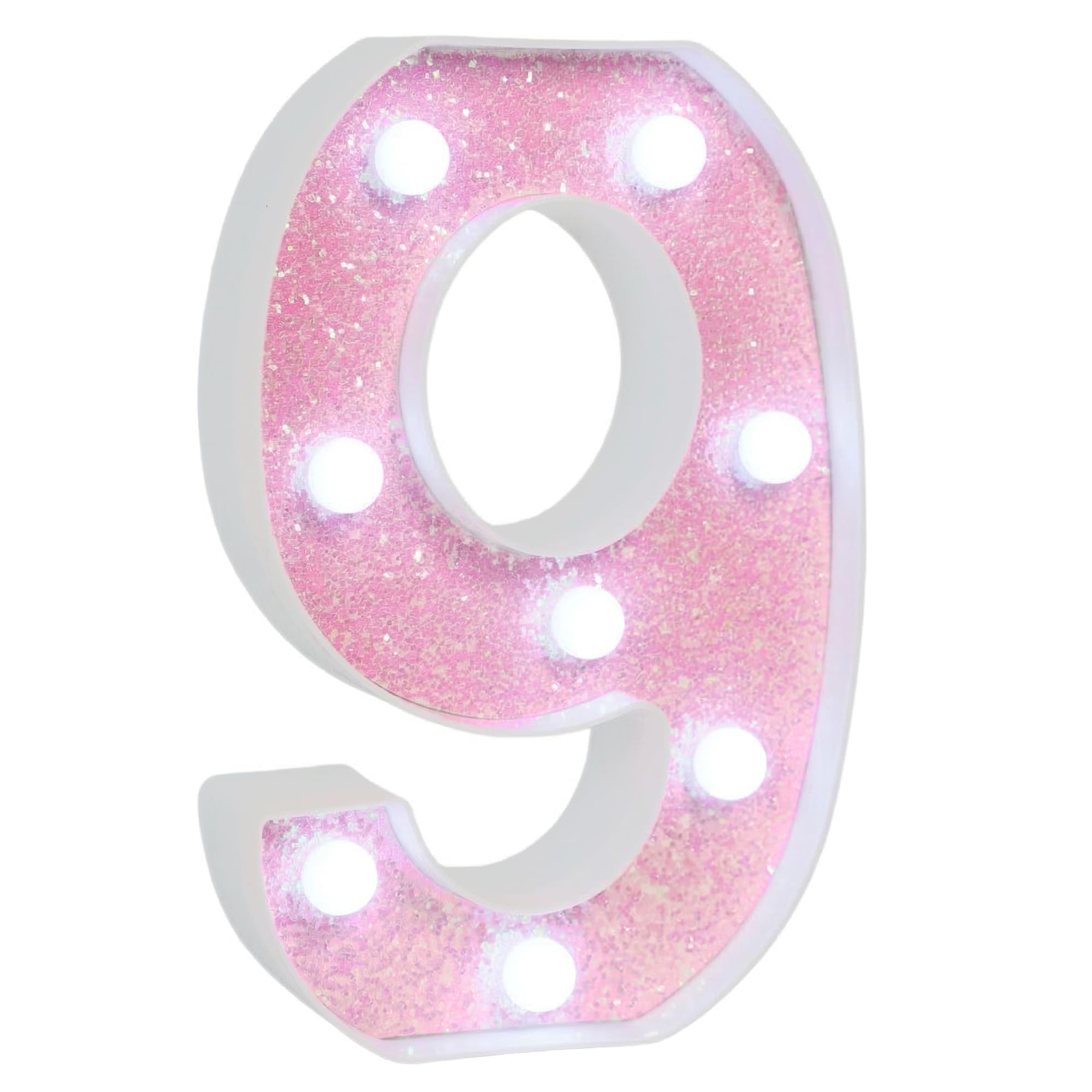 EUFONY LED Pink Glitter Marquee Light Up Number 9, Cool White Lights Marquee Numbers for Girls' Birthday Party Decorations, Battery-Powered Number Sign for Wedding, Baby Shower, Wall and Table Decor — image 1